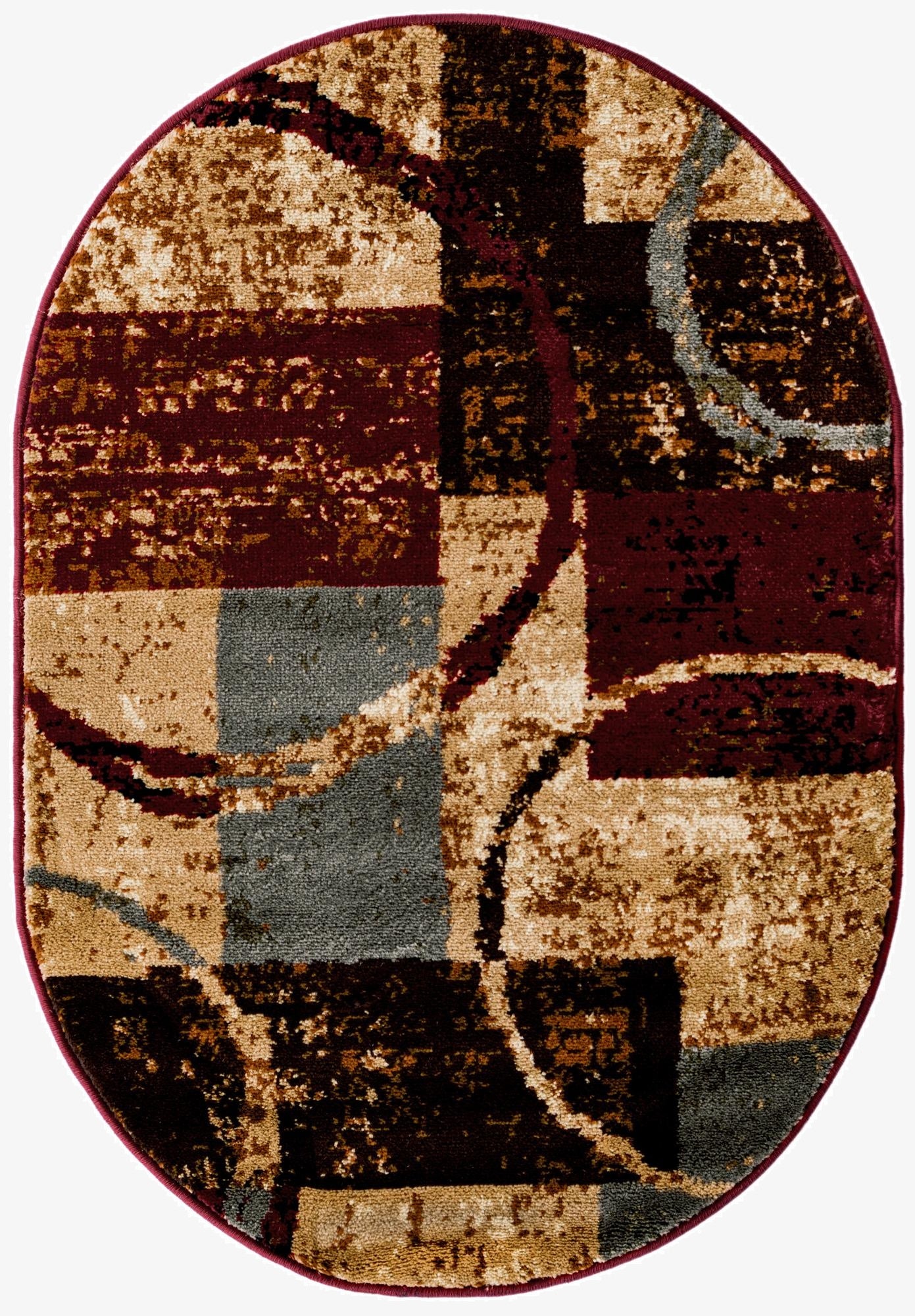 2'x3' oval Cafe Collection rug featuring a multi-colored abstract pattern with blocks of red, beige, brown, and grey, accented by swirling lines.