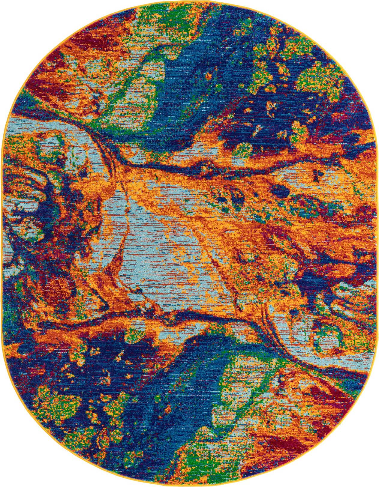 A vibrant 5'3 x 8'0 oval rug featuring an abstract, multi-colored pattern with shades of blue, orange, red, and green, suitable for an indoor living space.