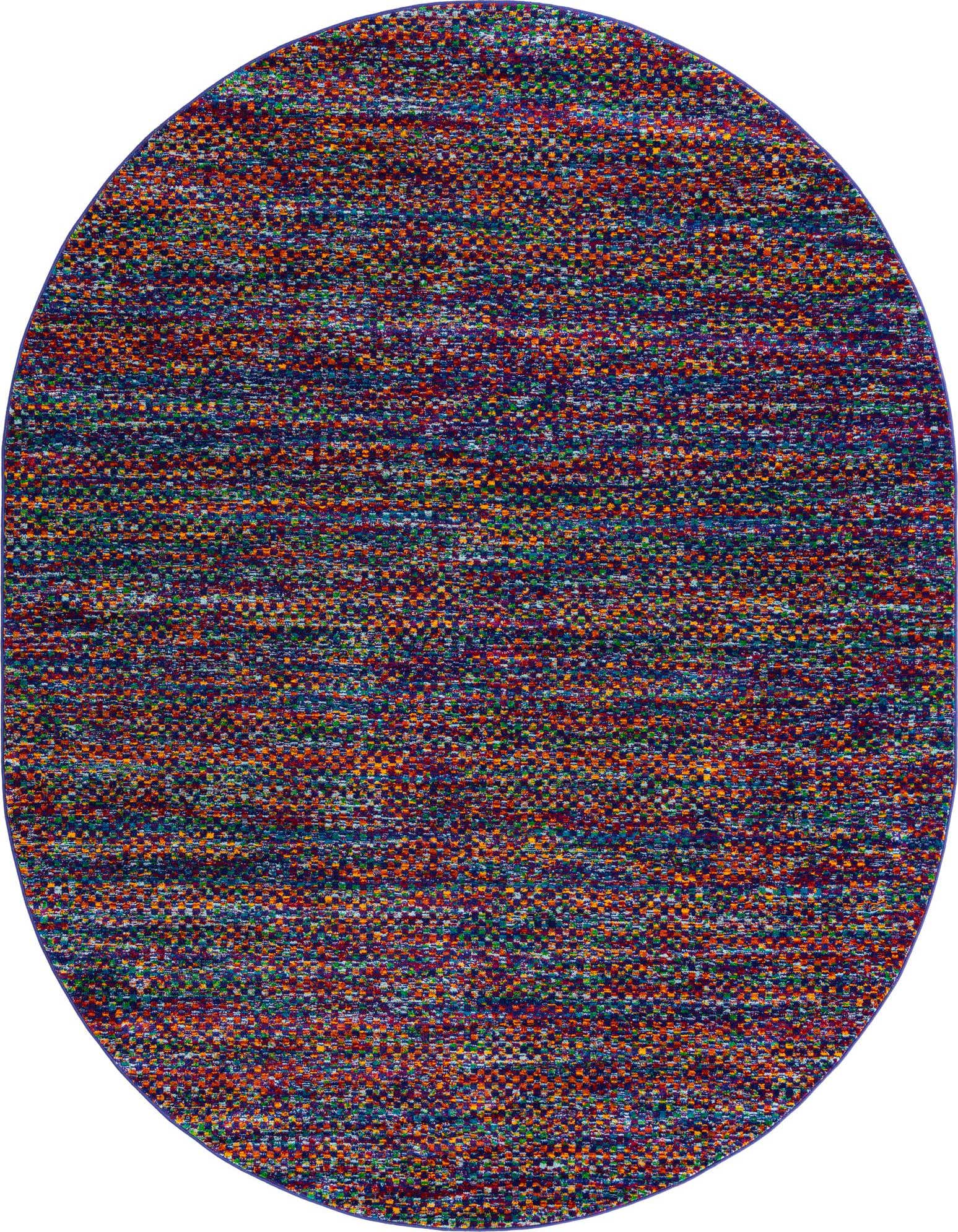 A vibrant 7' 10 x 10' 0 oval rug from the Rugs.com Calypso collection, featuring a multi-colored abstract pattern with speckles of blue, orange, red, and green.