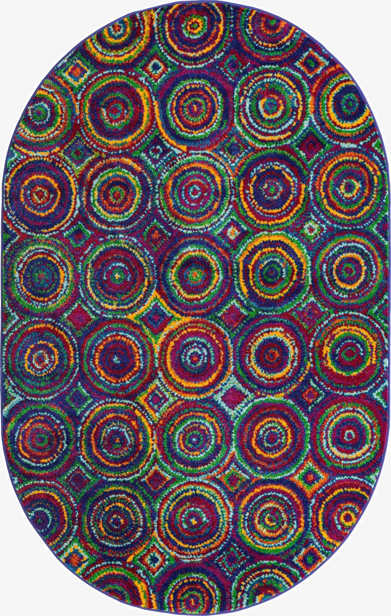 A 5' 3 x 8' 0 oval multi-colored rug with a modern abstract pattern of concentric circles in blue, green, yellow, and red.