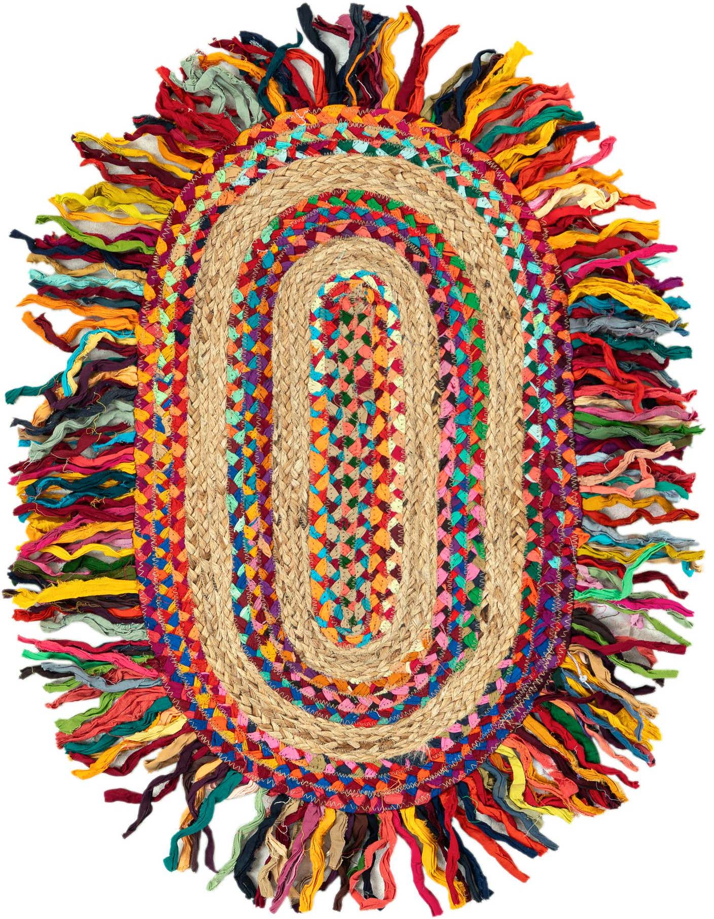 A 2'x3' oval Chindi Jute rug, multi-colored with braided jute and vibrant fabric strips, featuring a textured, flatweave design.