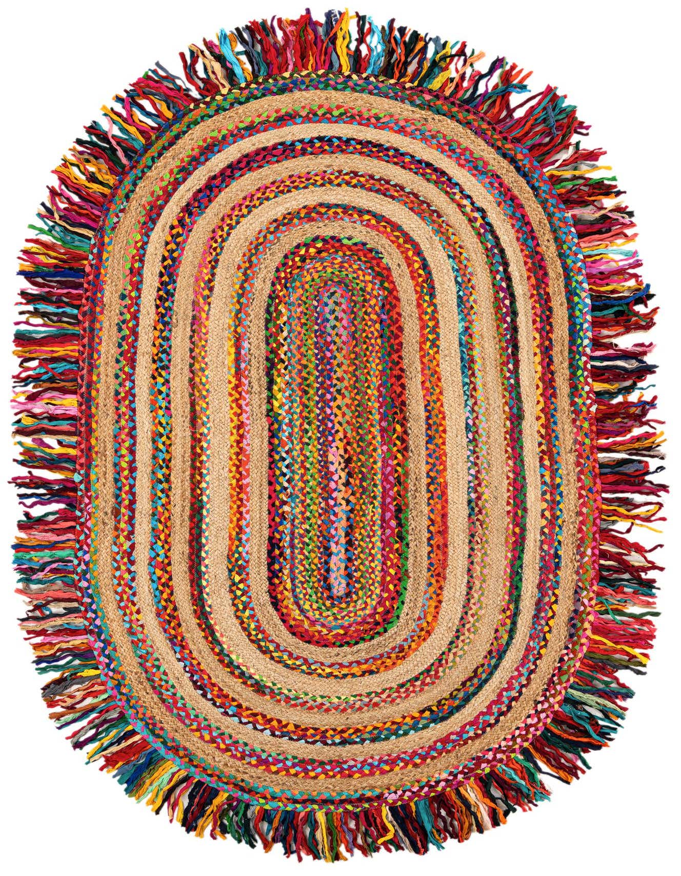 A 5' 1 x 8' 0 oval multi-colored Chindi Jute rug with braided natural jute and vibrant recycled fabric strips, featuring a textured flatweave.