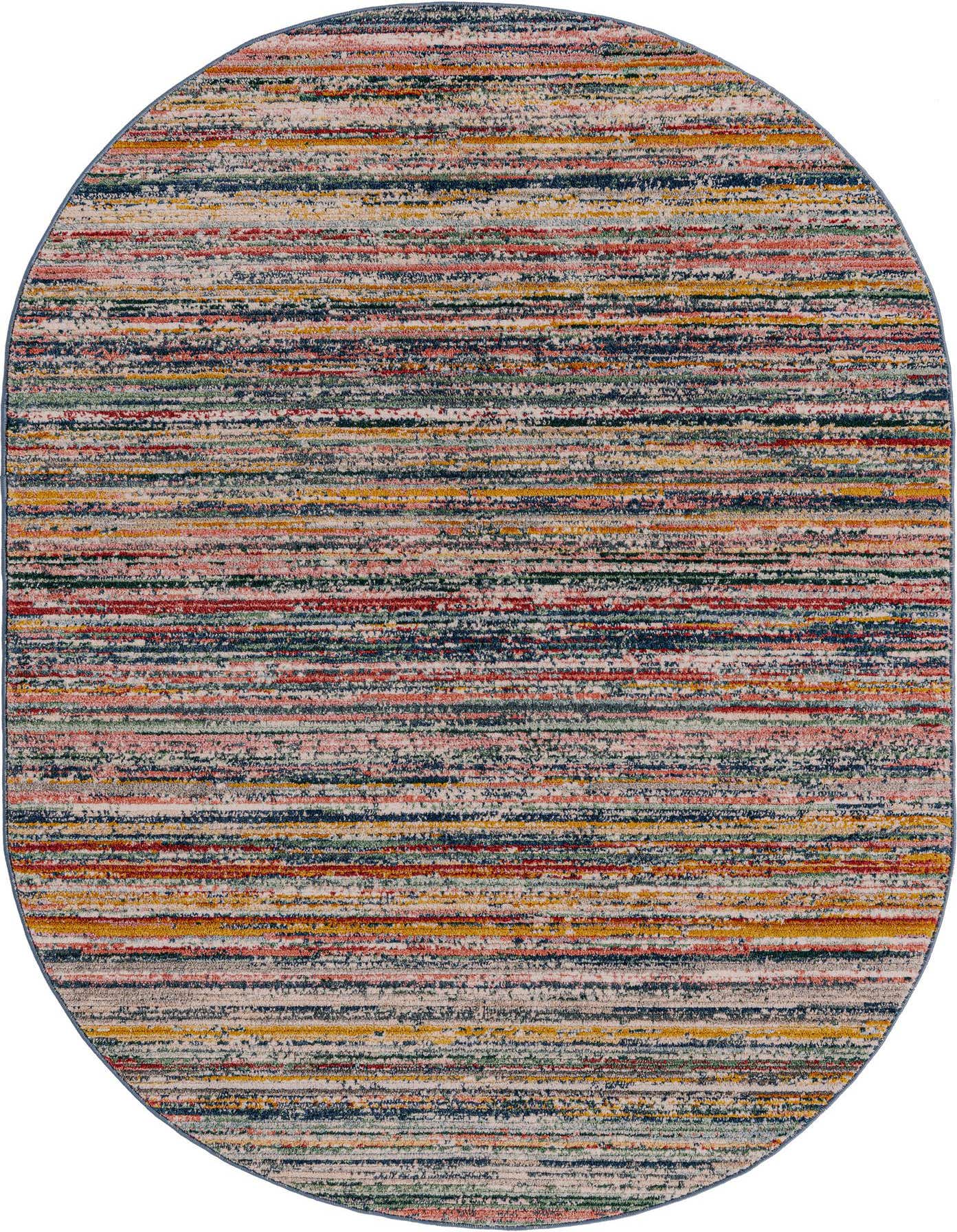 A 5'3" x 8'0" oval multi-colored modern area rug with horizontal stripes in various shades.