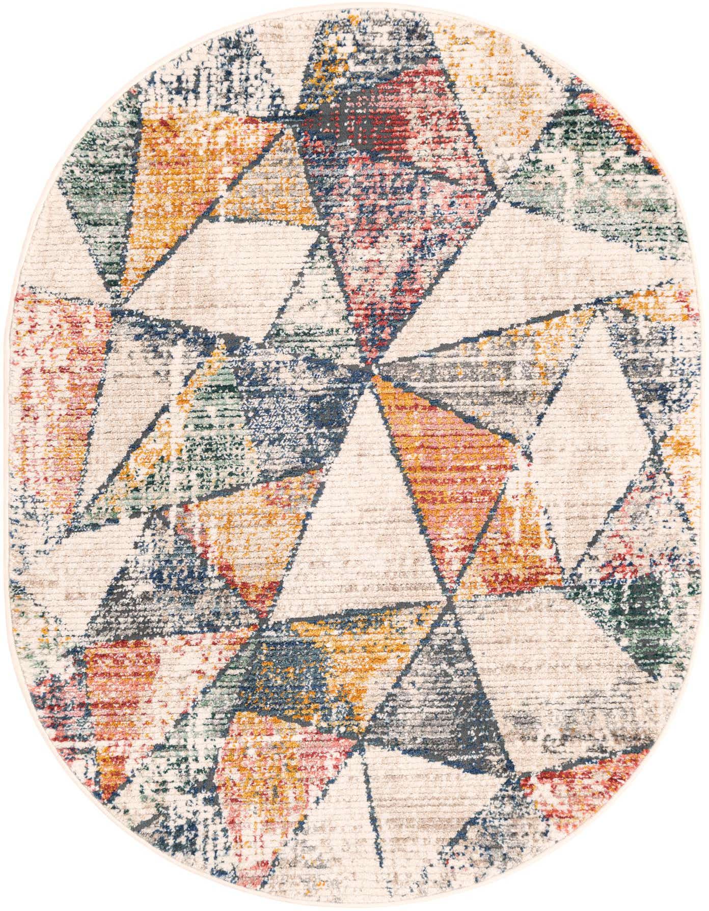 A 4' 0 x 6' 3 oval rug with a modern abstract pattern in multi-colored hues, featuring triangles of red, orange, blue, green, and beige.