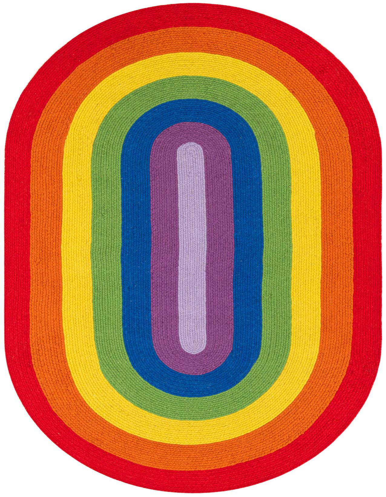 A vibrant 5' 1 x 8' 0 oval rug featuring concentric rainbow stripes of red, orange, yellow, green, blue, purple, and lavender.