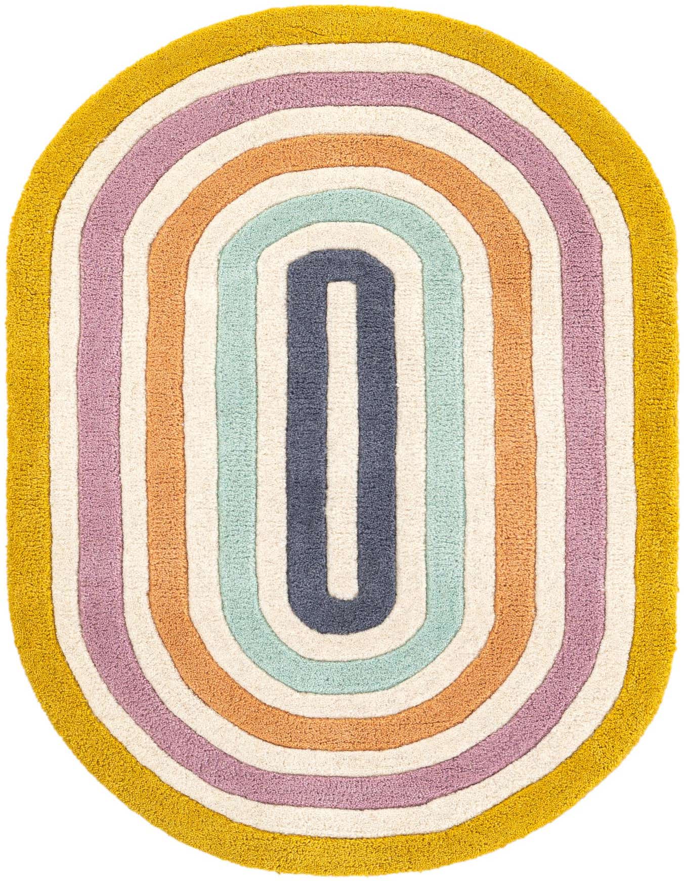 A vibrant 2'x3' oval rug with concentric stripes in yellow, cream, lavender, orange, light blue, and dark blue.
