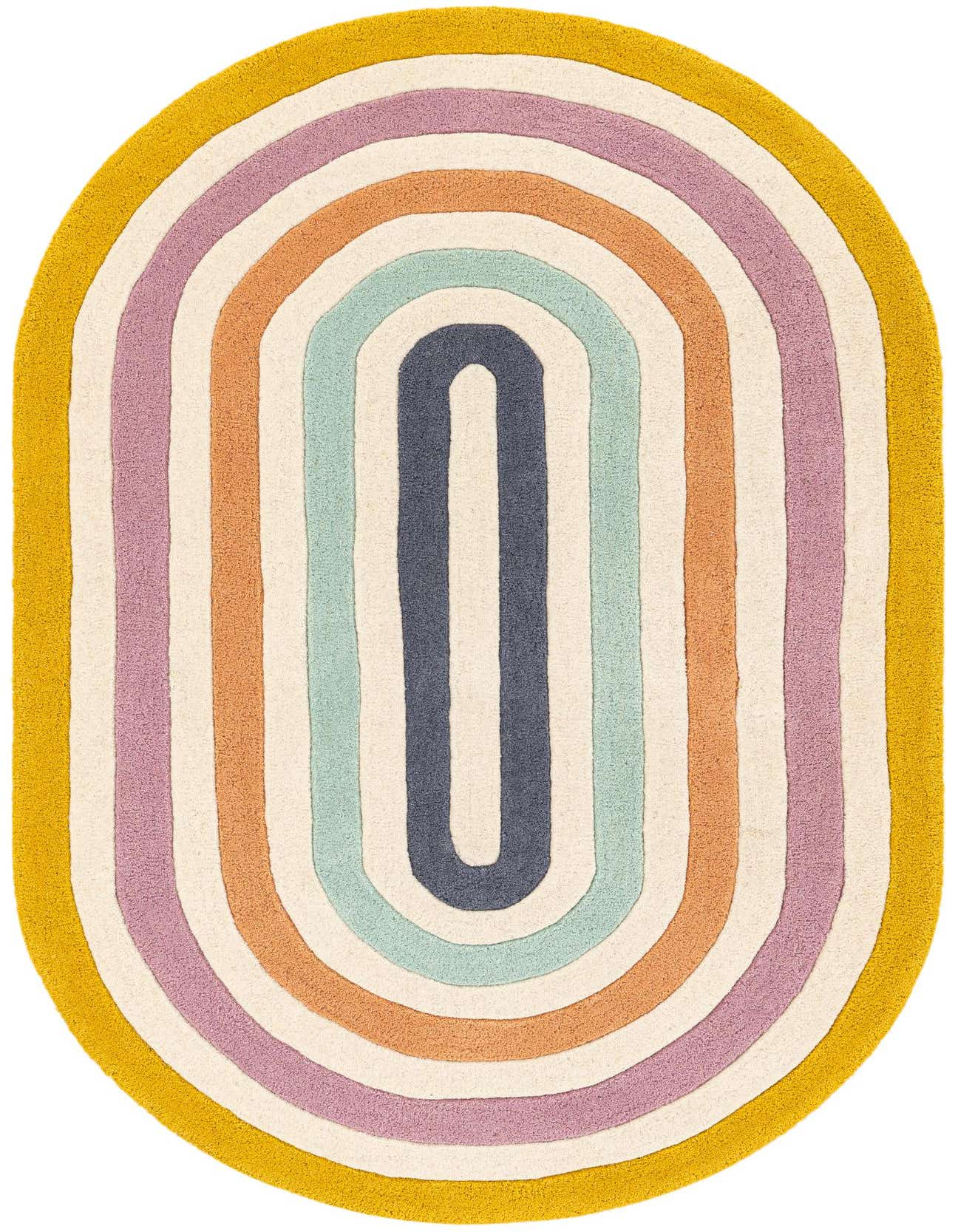 A vibrant 3' 1 x 5' 1 oval rug with concentric stripes in yellow, lavender, orange, cream, light blue, and navy.