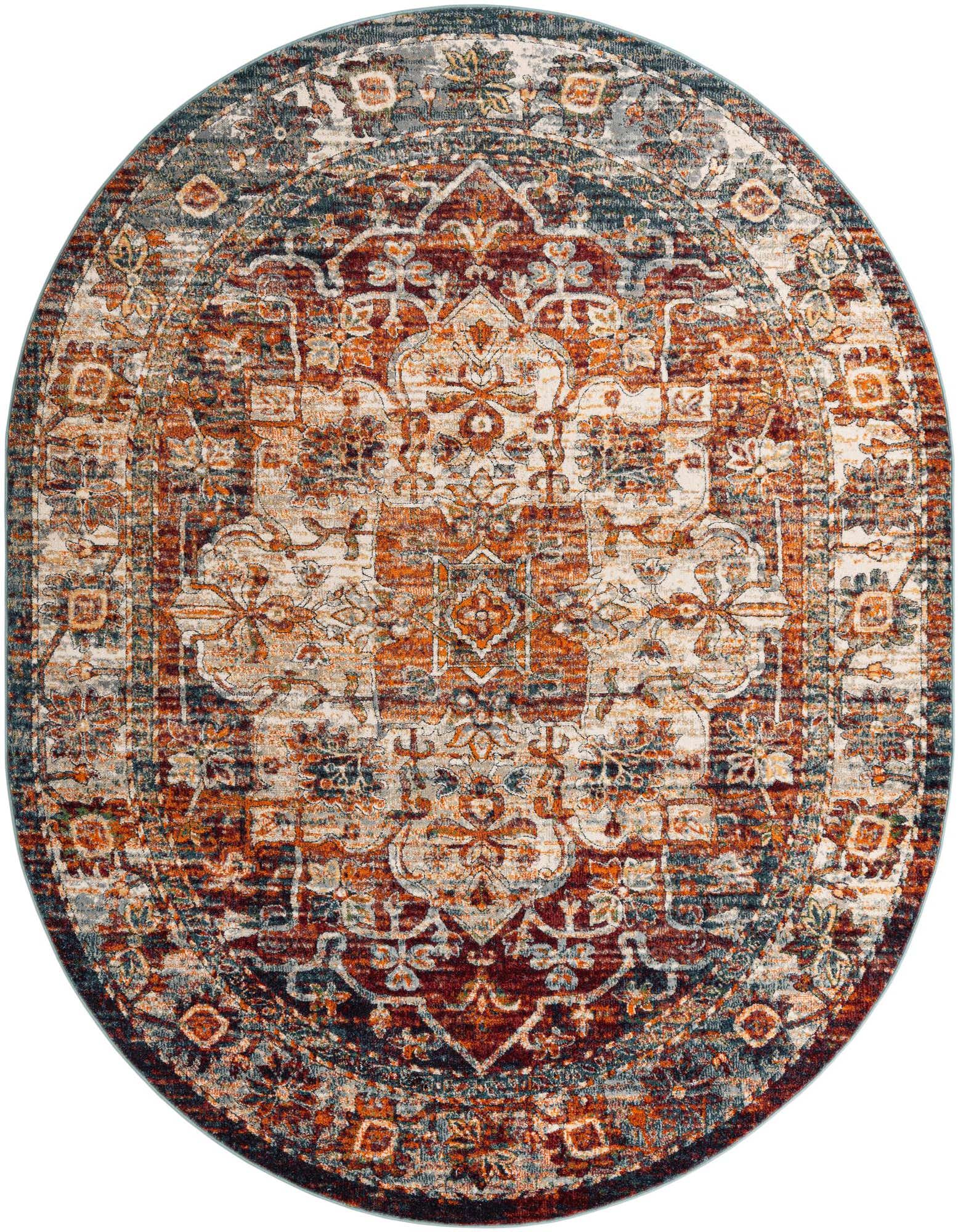 A 7' 10 x 10' 0 oval Isabella rug with a multi-colored traditional medallion pattern and vintage distressed look.