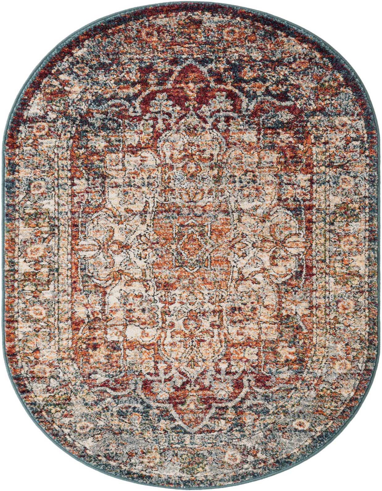 An oval, multi-colored Isabella rug featuring a traditional medallion pattern in distressed reds, blues, and creams.