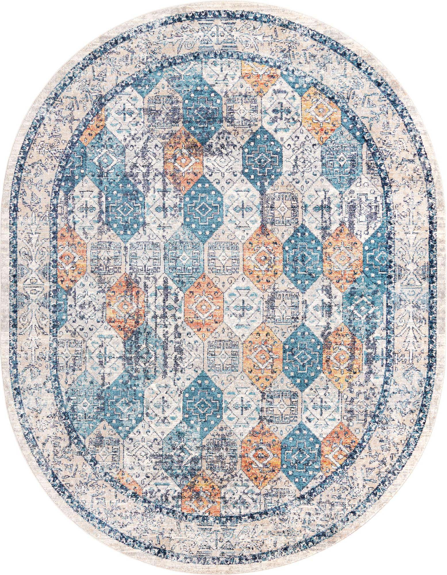 An oval multi-colored rug featuring a distressed traditional pattern with shades of blue, orange, and cream.