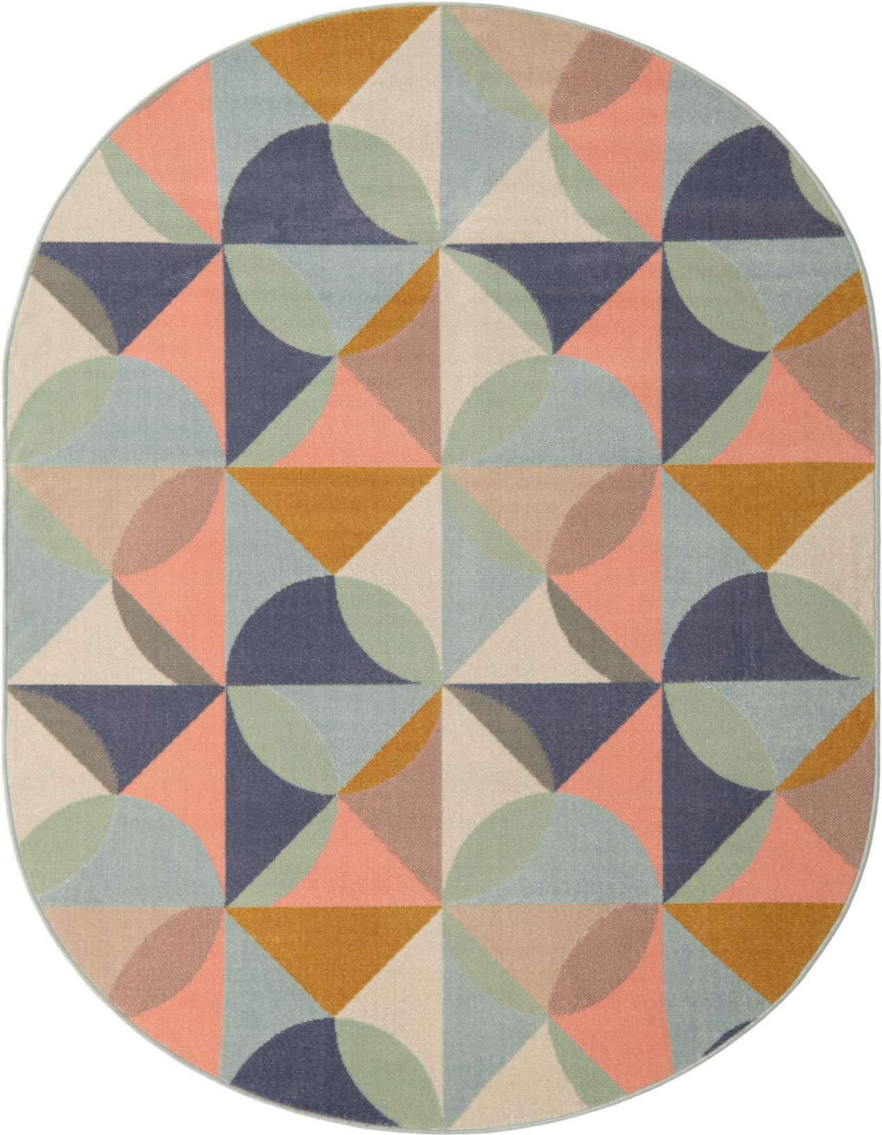 A 5' x 8' oval rug with a multi-colored geometric pattern featuring triangles and quarter-circles in shades of blue, green, pink, and gold.
