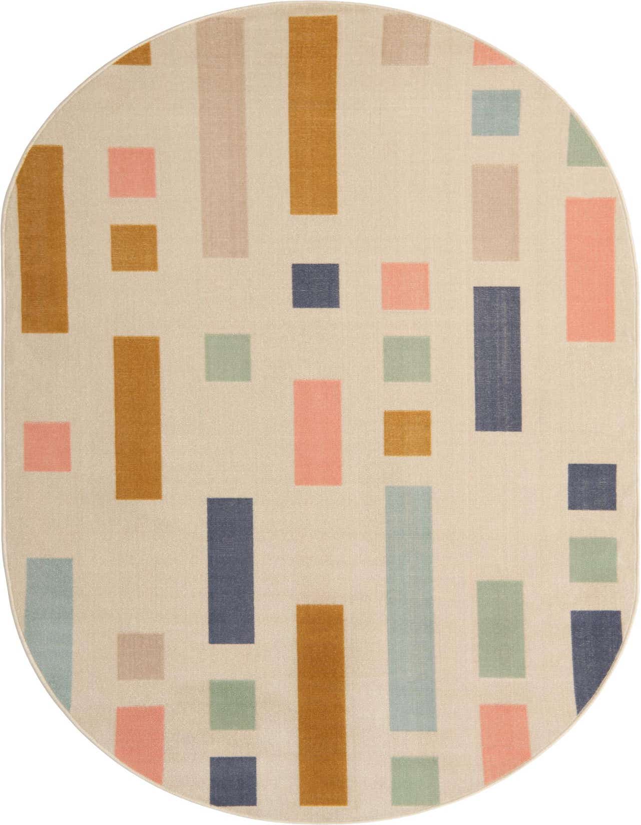 An oval, multi-colored flatweave rug with a playful mid-century abstract pattern of rectangles and squares in pink, blue, green, and gold on a cream background.