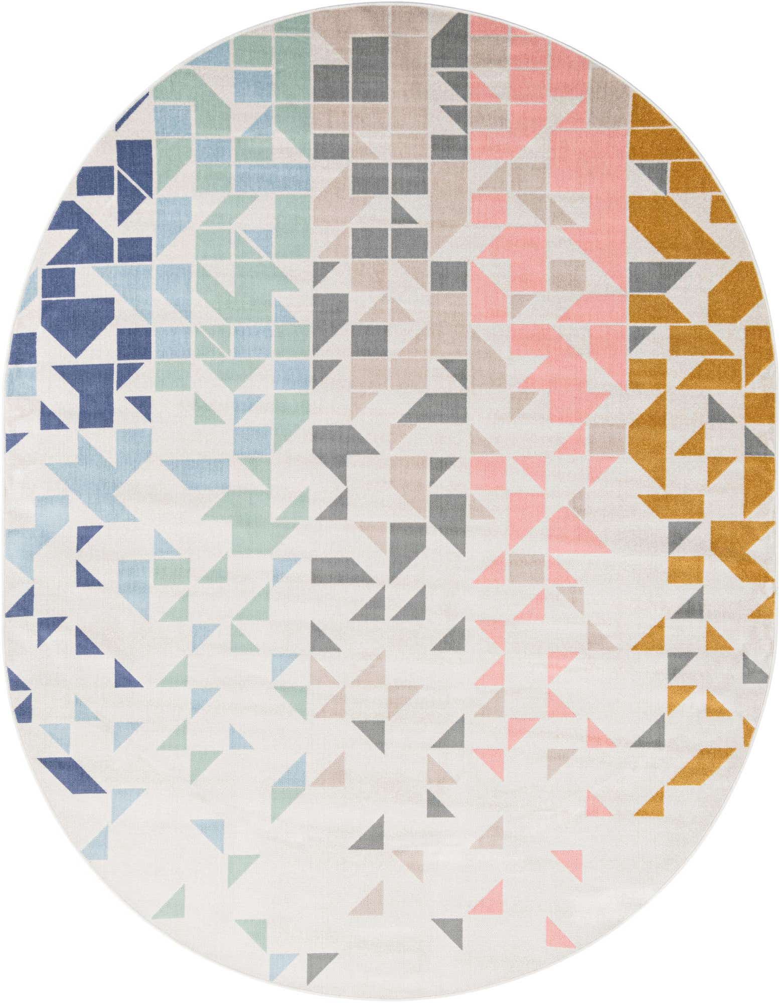 An 8' x 10' oval rug with a multi-colored abstract geometric pattern featuring triangles and squares in blue, green, grey, pink, and gold on a light background.