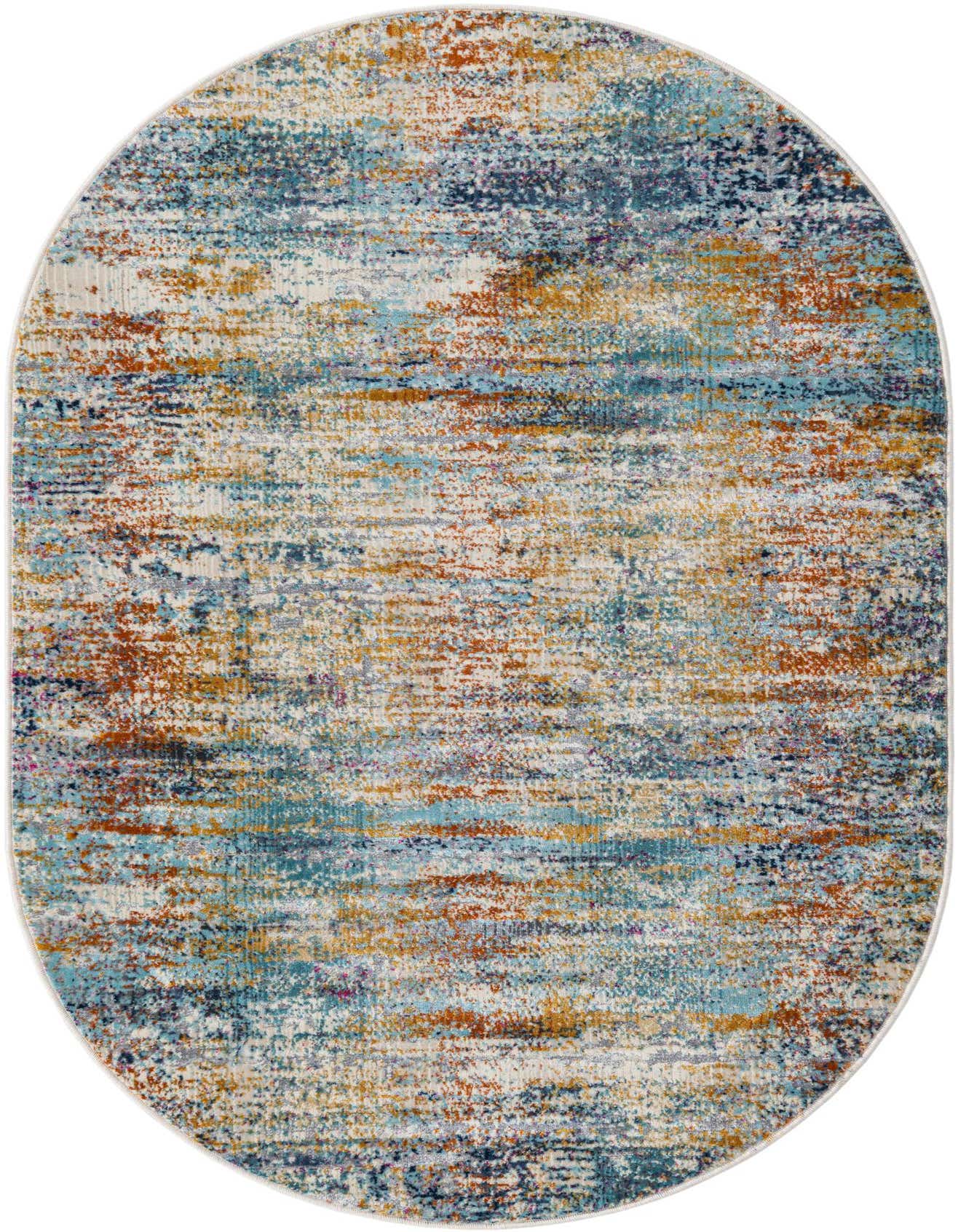 A 3' 7 x 5' 3 oval multi-colored modern rug with an abstract stripe pattern in blues, oranges, and grays.