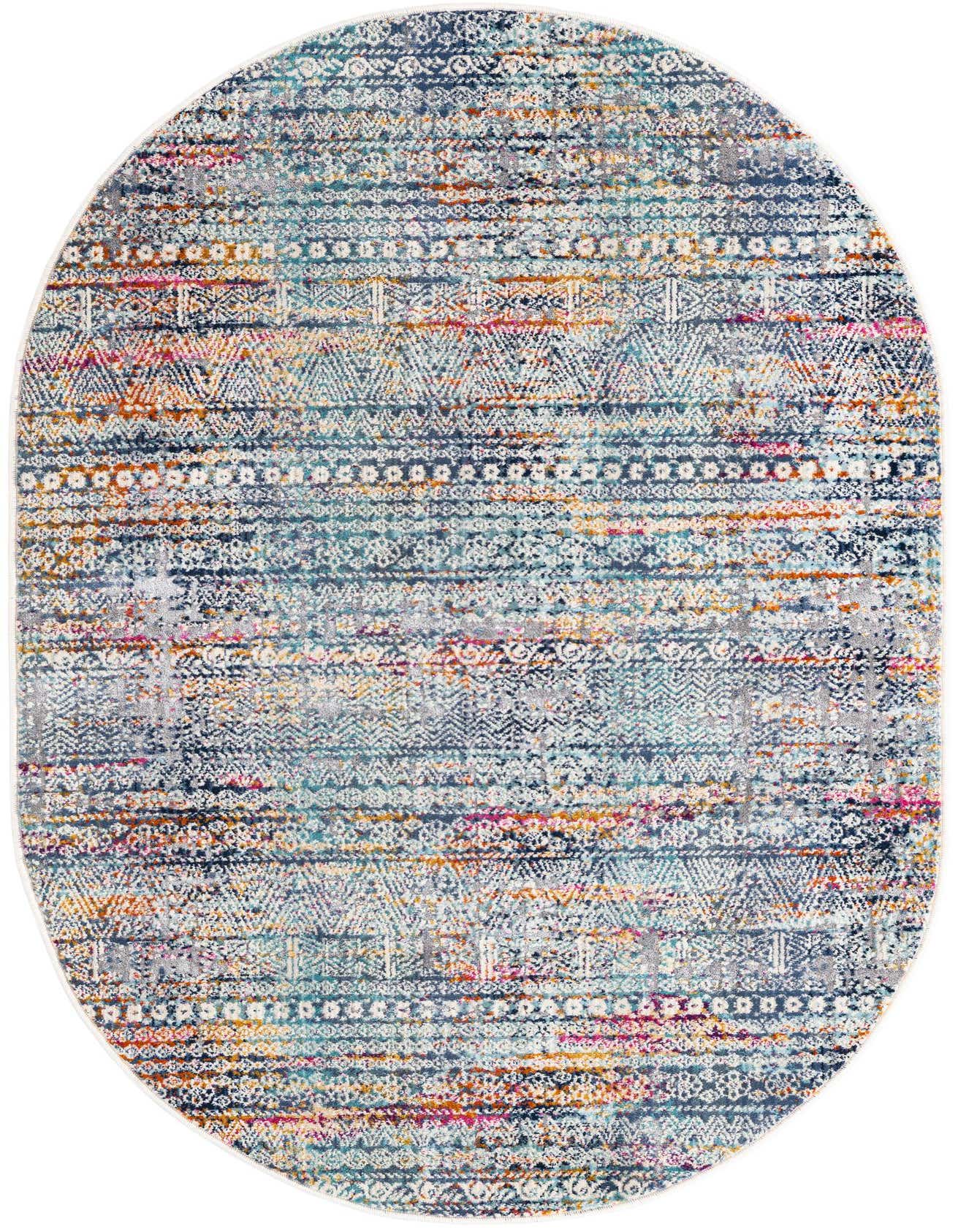 A 3' 7 x 5' 3 oval multi-colored rug with a distressed tribal pattern, featuring shades of blue, orange, pink, and white.