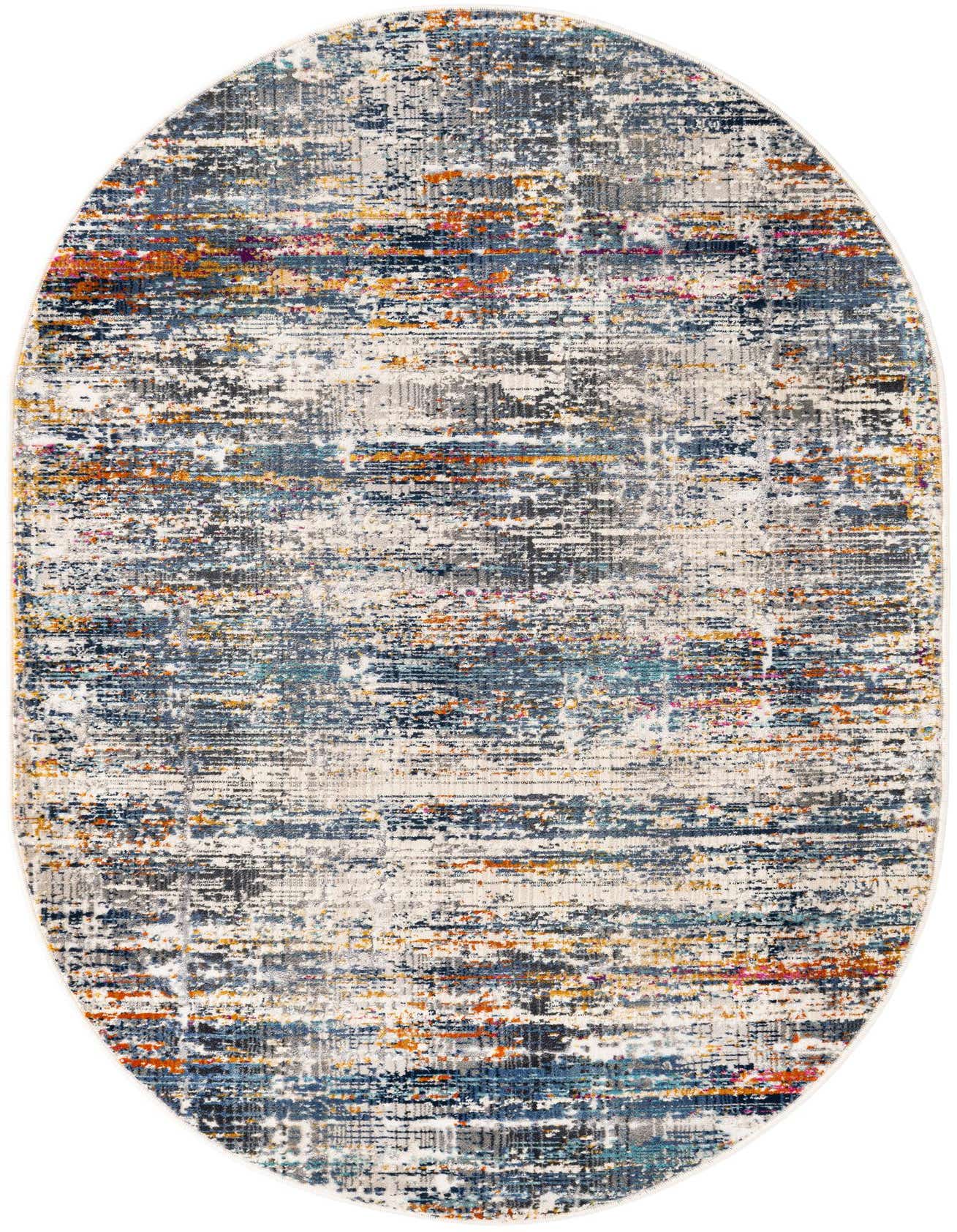 A 3' 7 x 5' 3 oval multi-colored rug with an abstract, distressed pattern featuring shades of blue, orange, grey, and white.
