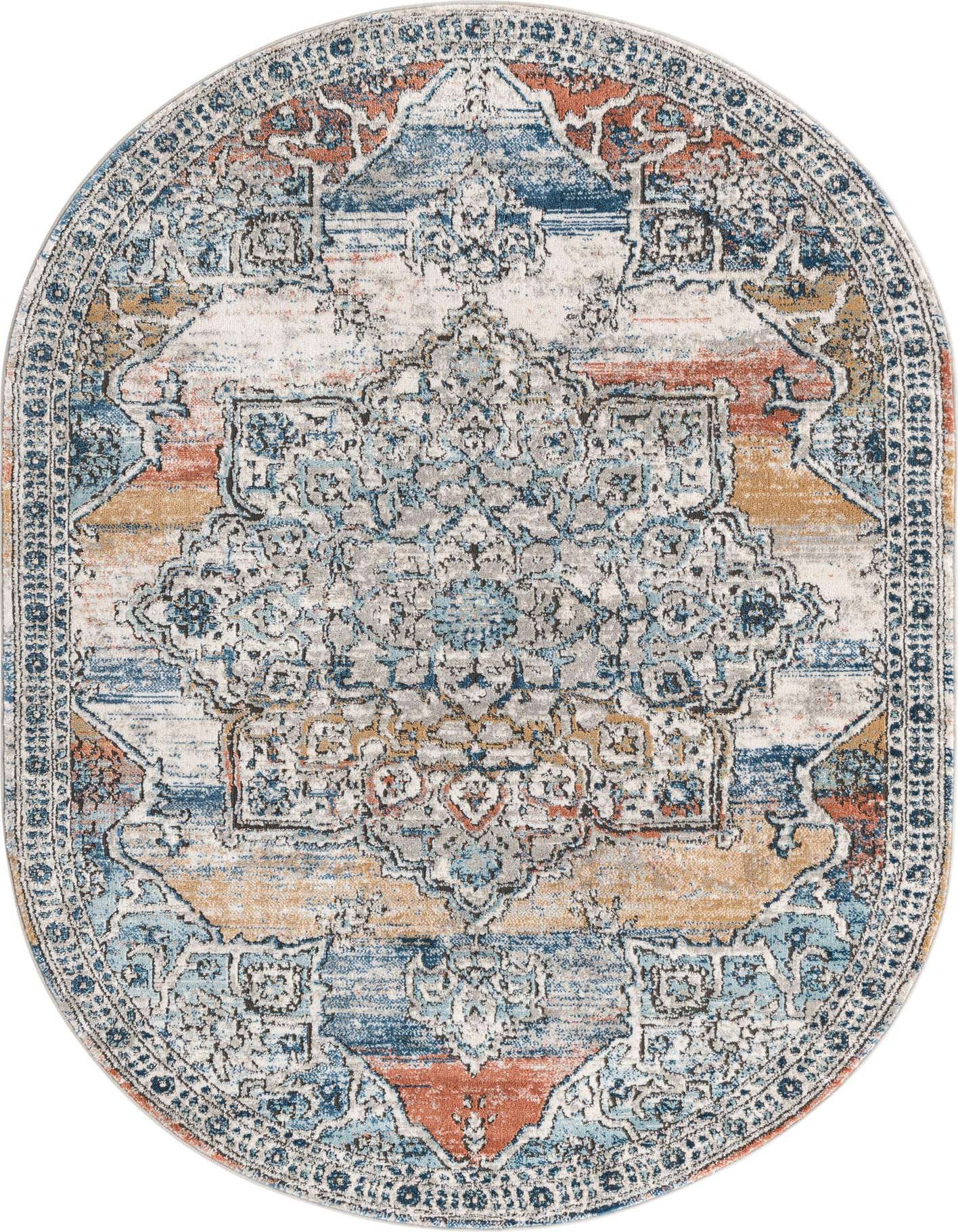 A 5'3" x 8'0" oval multi-colored traditional medallion rug with distressed blue, orange, and grey patterns.