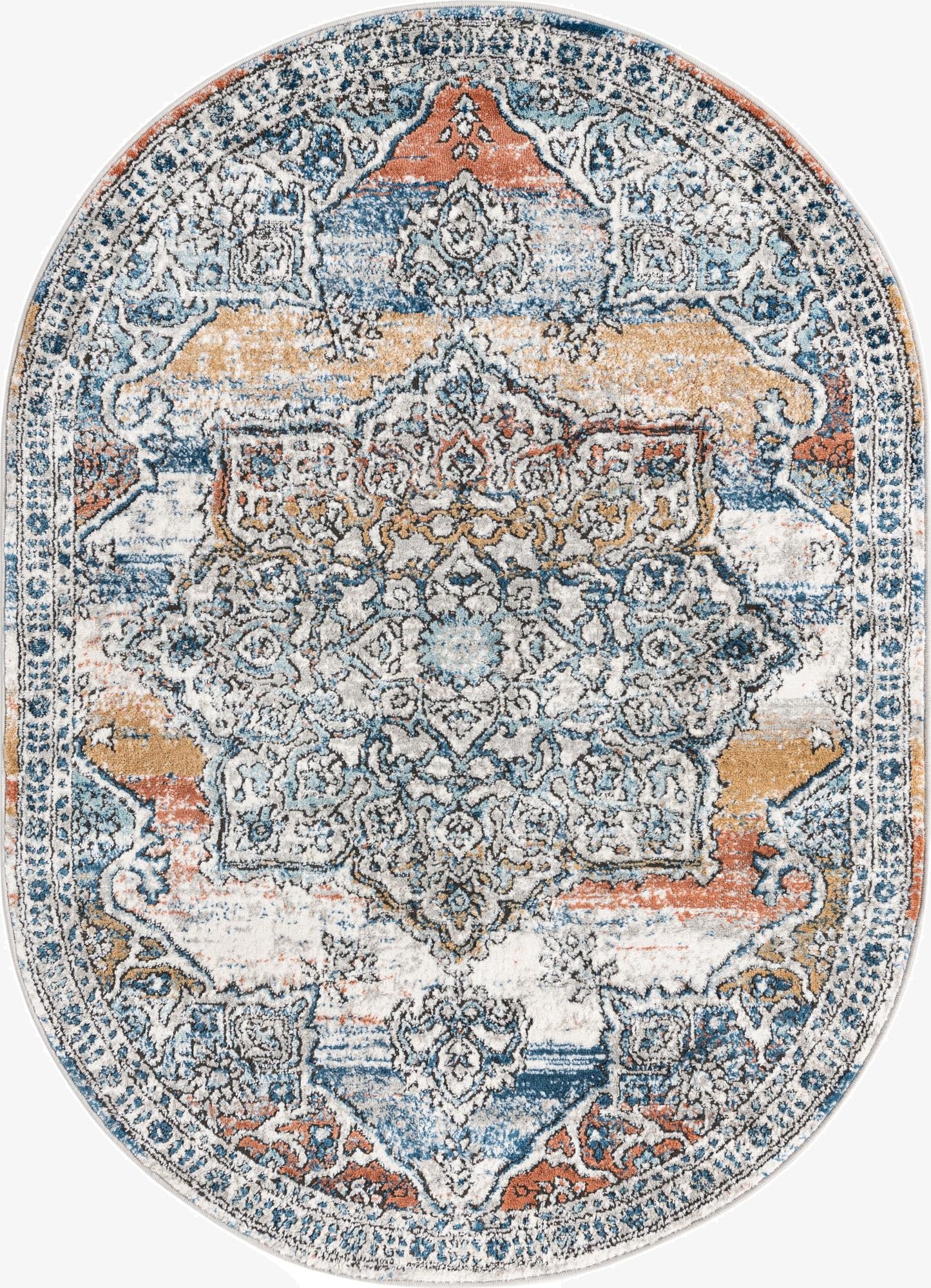 A 4'x6' oval multi-colored traditional rug with a distressed medallion pattern, featuring shades of blue, orange, and cream.