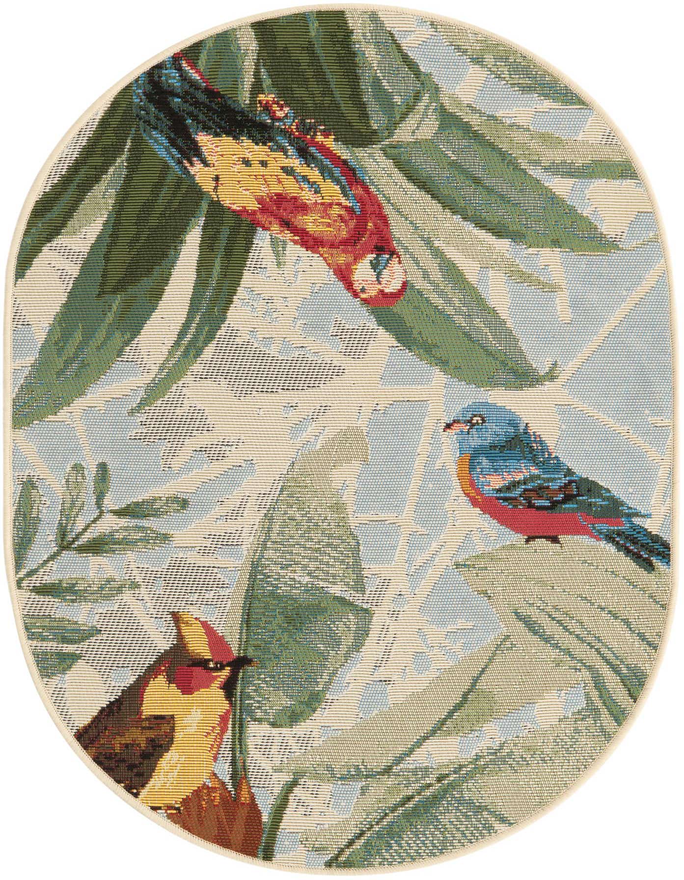 An oval, multi-colored indoor/outdoor rug featuring a vibrant botanical pattern with a red macaw, a blue bird, and a yellow bird among green leaves.