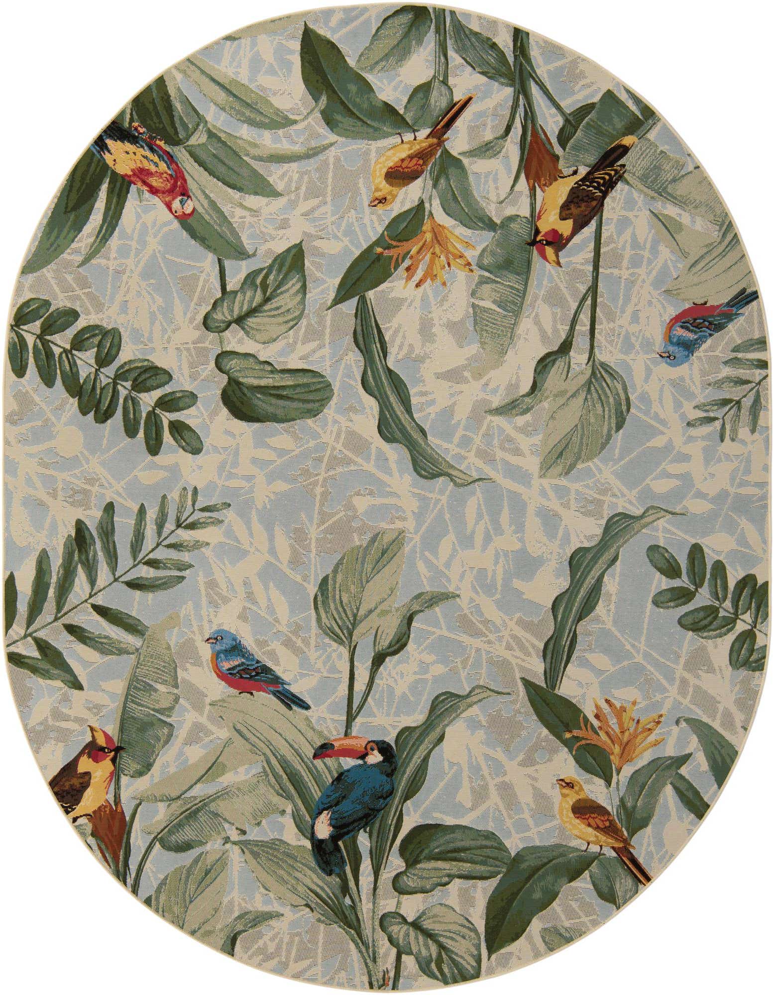 A 7'10 x 10'0 oval rug with a vibrant botanical pattern featuring tropical birds, green leaves, and yellow flowers on a light blue and beige background.