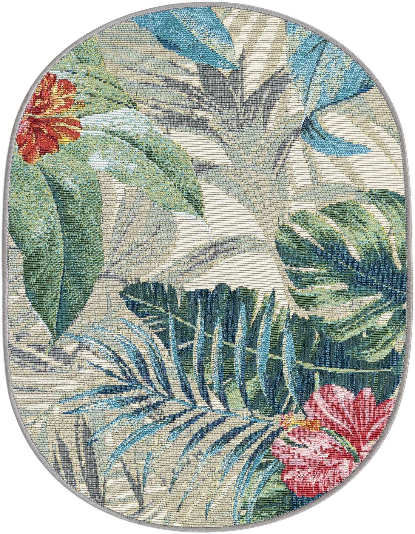 A 2' 2 x 3' 0 oval rug featuring a vibrant multi-colored botanical pattern with large green, blue, and teal leaves, accented by red and pink hibiscus flowers, suitable for indoor or outdoor use.