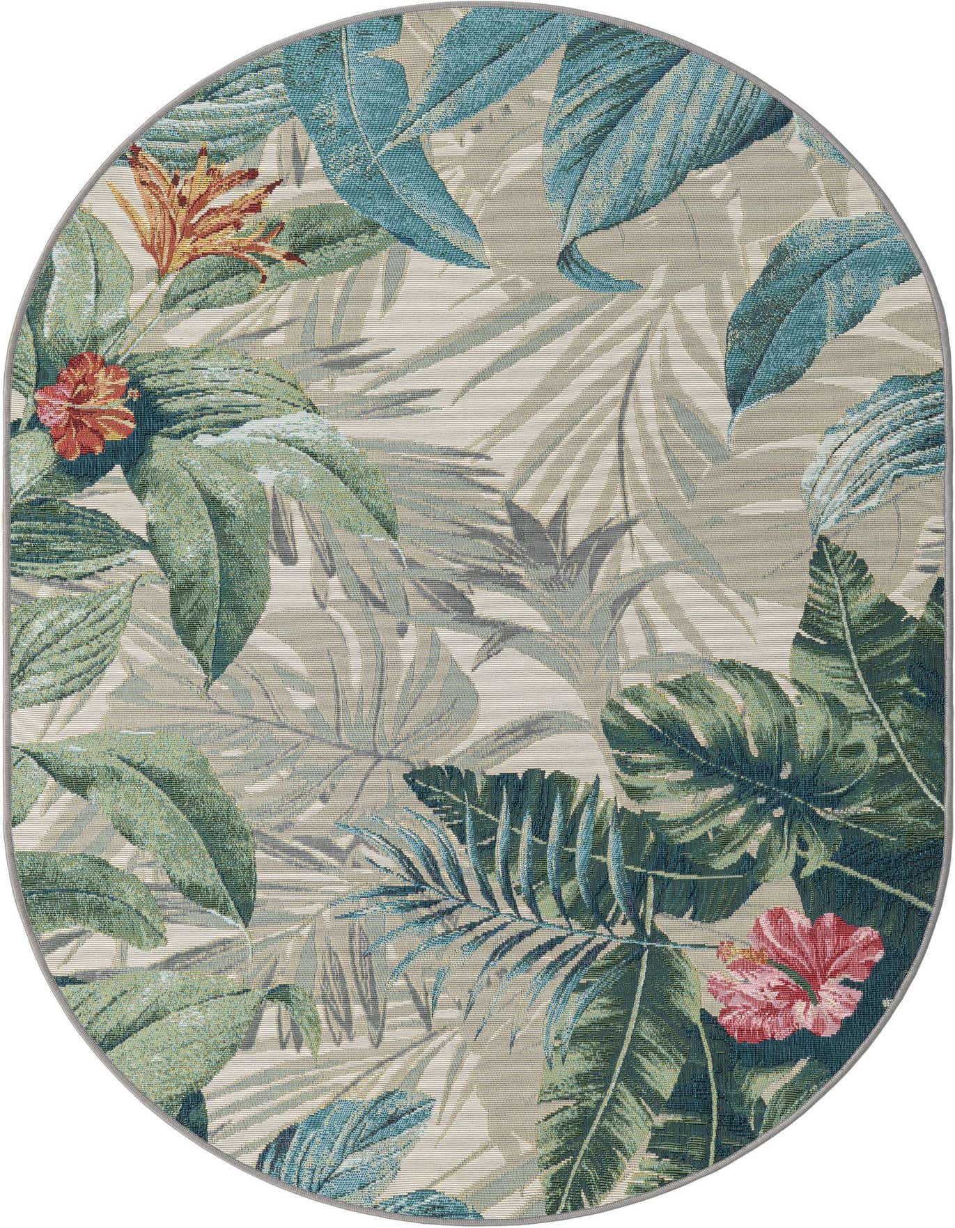 An oval, multi-colored botanical rug featuring large green and teal leaves with hints of red and orange flowers on a light background, perfect for a patio.