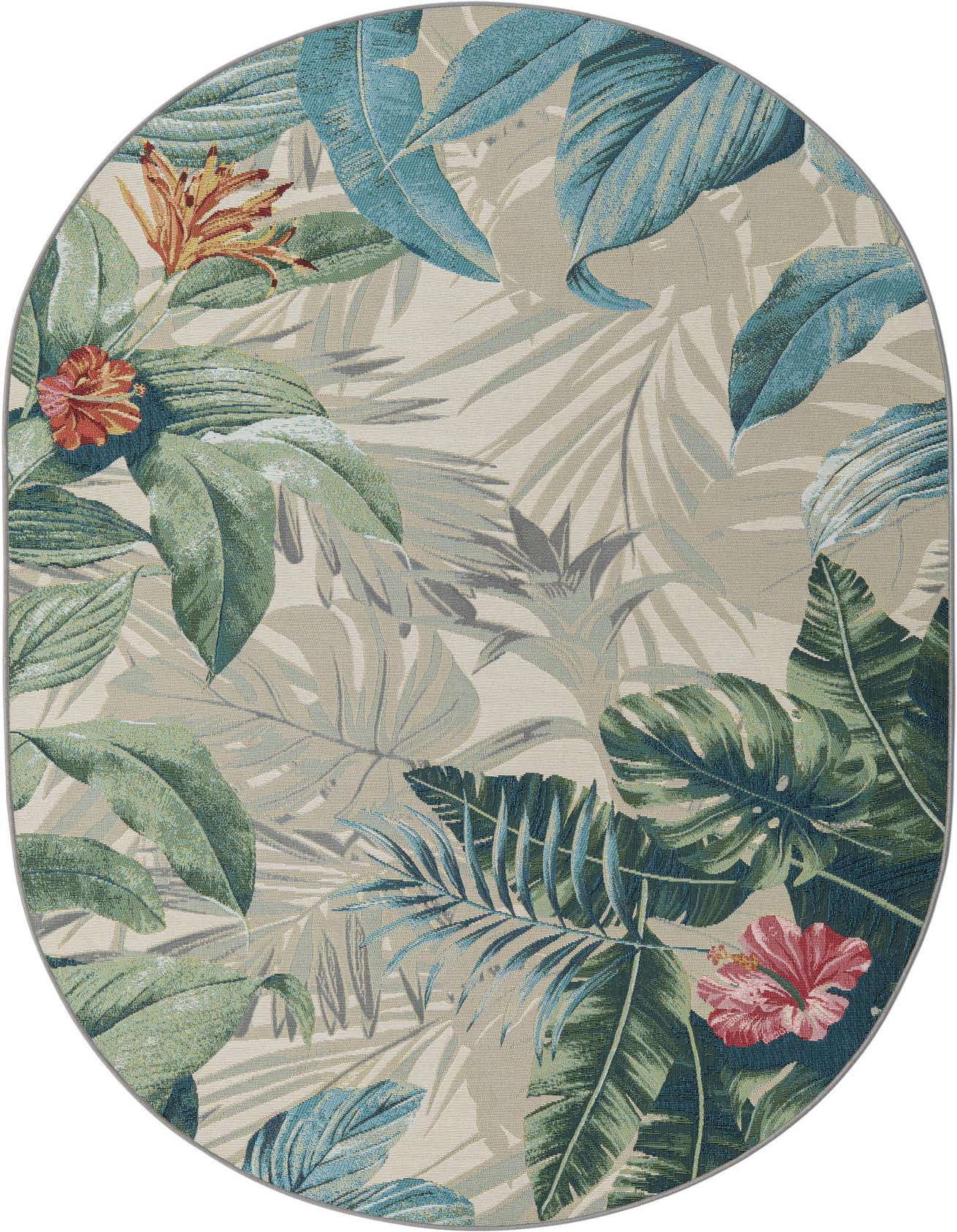 An oval, multi-colored indoor/outdoor rug featuring a vibrant botanical pattern with large green, blue, and teal leaves, accented by red and orange tropical flowers, on a light beige background.