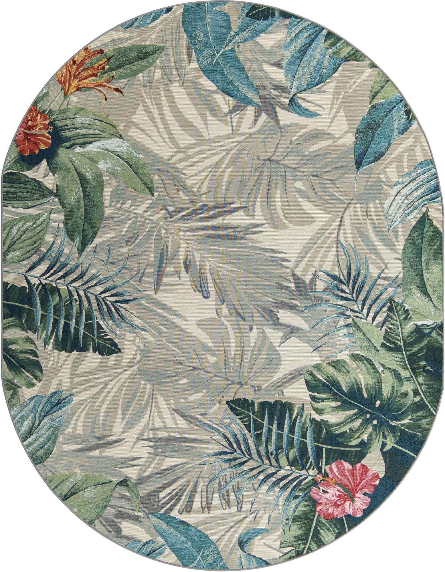 An oval, multi-colored botanical rug featuring large green, blue, and beige tropical leaves with hints of red flowers.