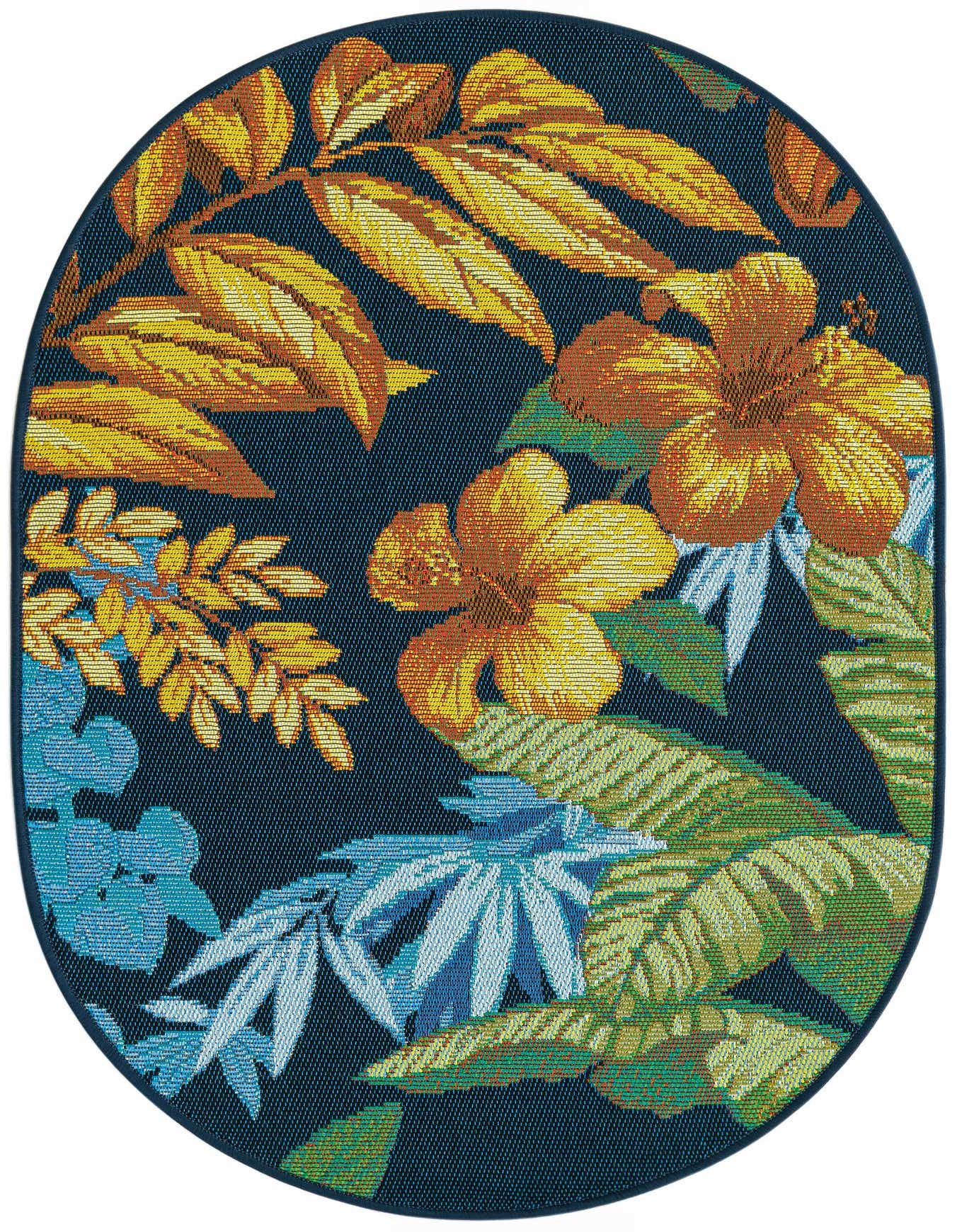 An oval, multi-colored tropical rug featuring large yellow and orange hibiscus flowers with green and blue leaves on a dark blue background.