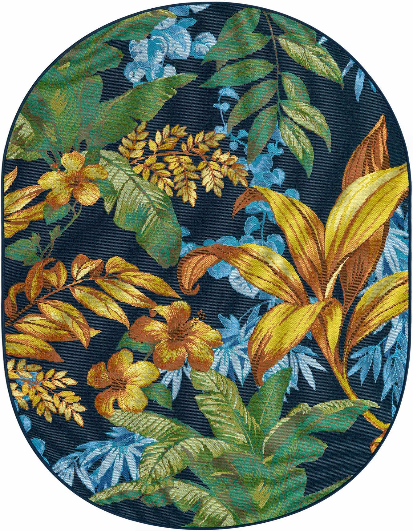 A 4'x6' oval indoor/outdoor rug with a vibrant tropical botanical pattern on a dark navy background.