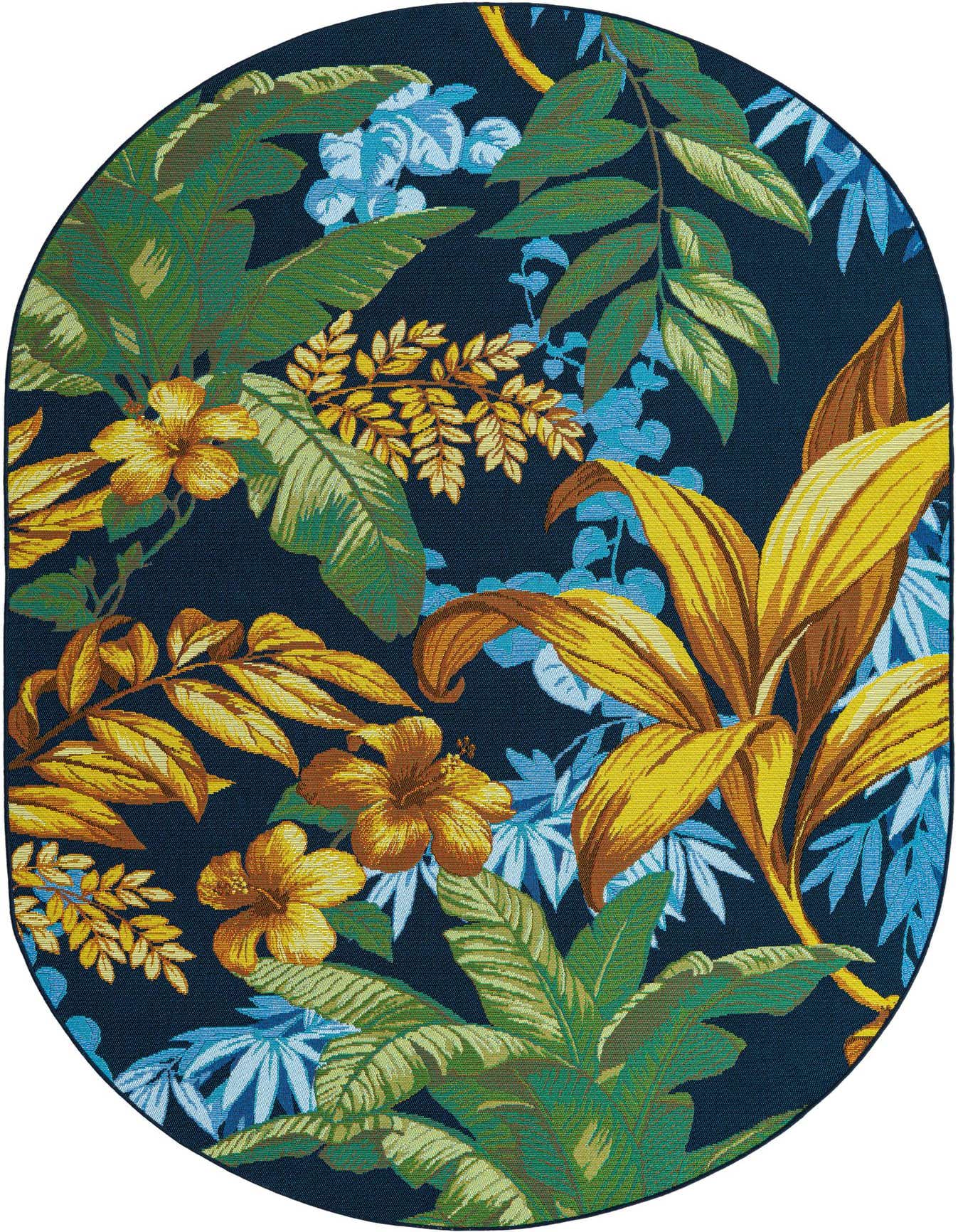 An oval, multi-colored tropical rug with a dark blue background, featuring vibrant yellow hibiscus flowers and green and blue botanical leaves.