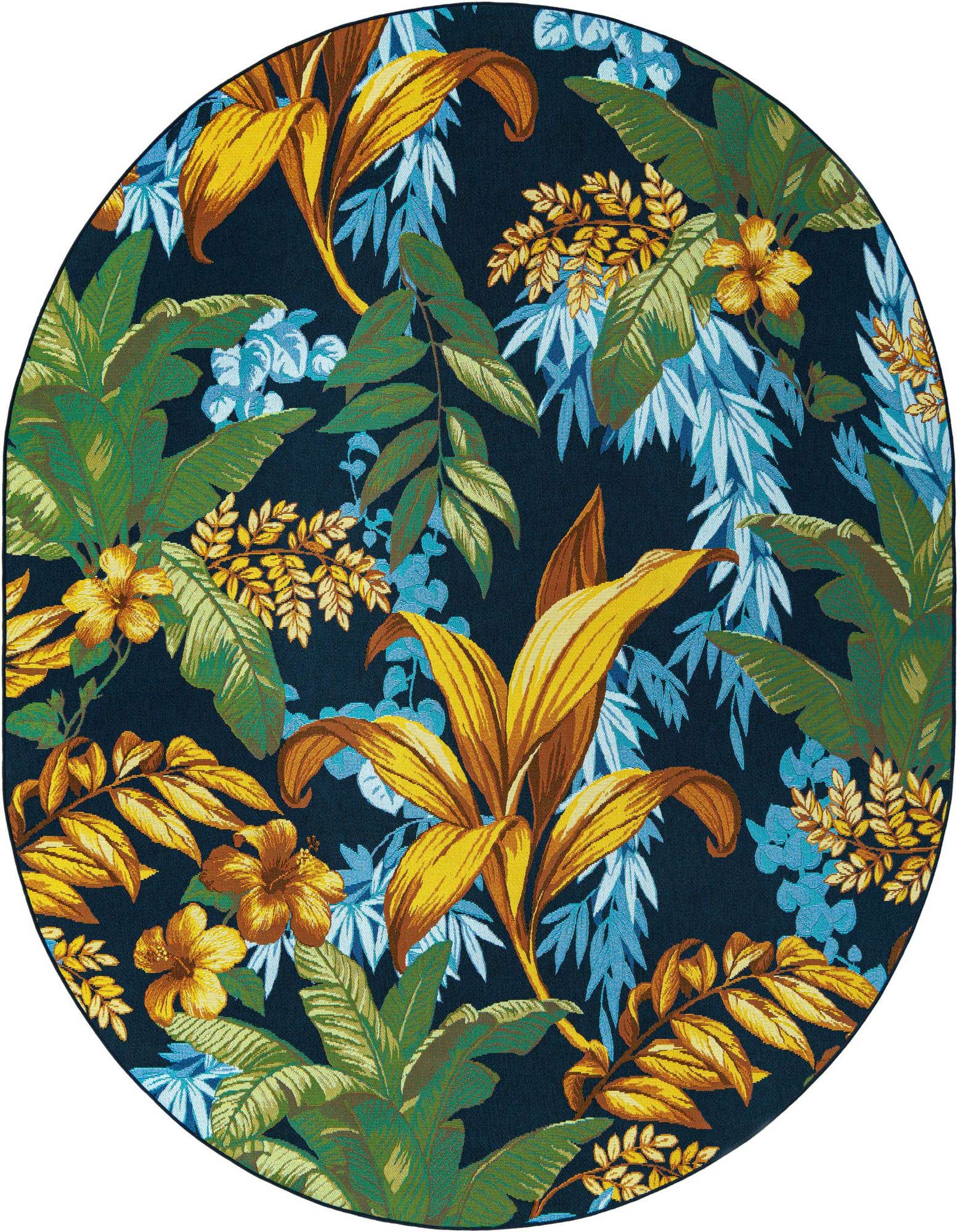 A vibrant oval rug featuring a dense botanical pattern with large yellow and green leaves, blue accents, and orange flowers on a dark blue background.