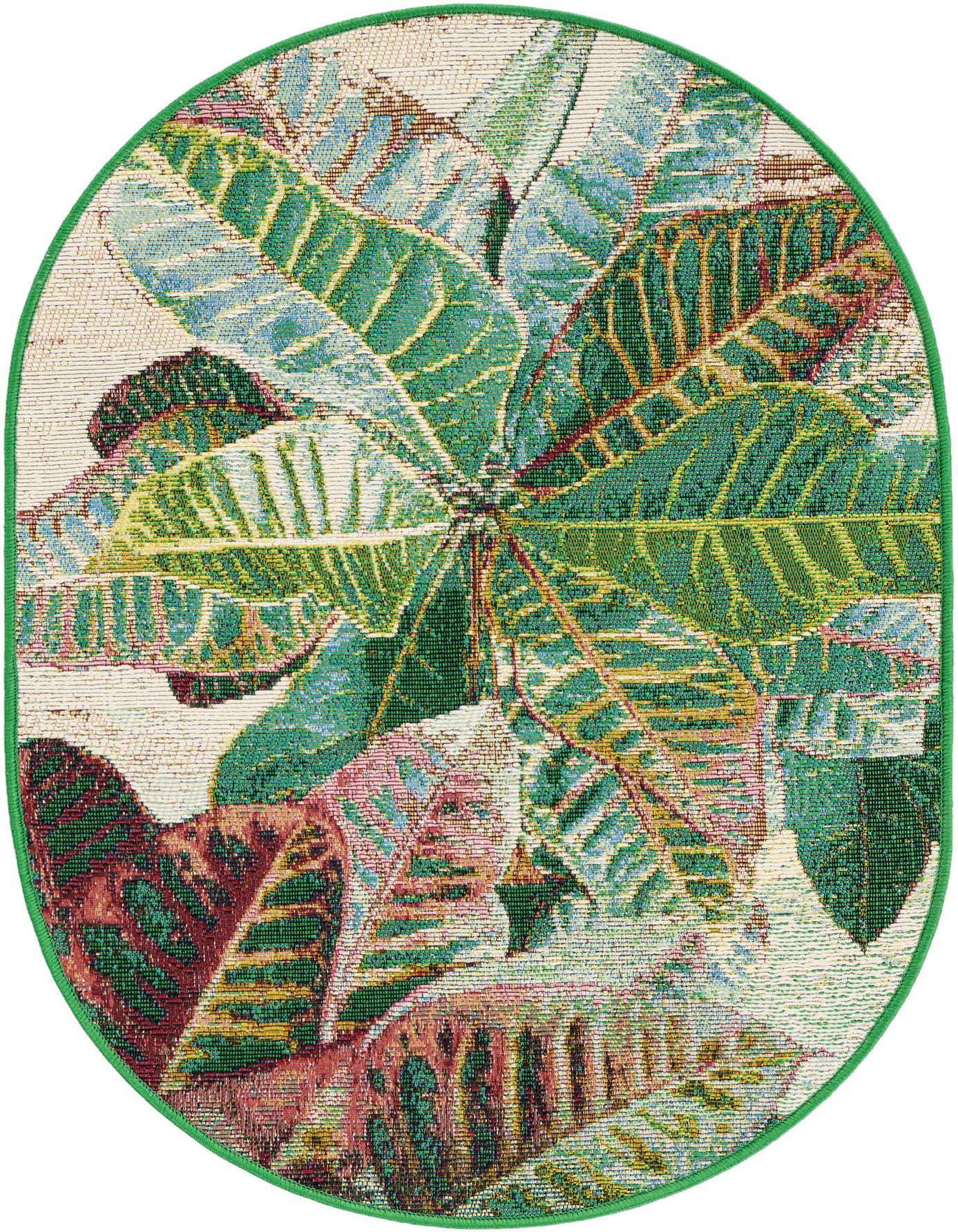 A 2'x3' oval Rugs.com Outdoor Botanical rug featuring a vibrant, multi-colored leaf pattern with shades of green, blue, and red, ideal for a patio.