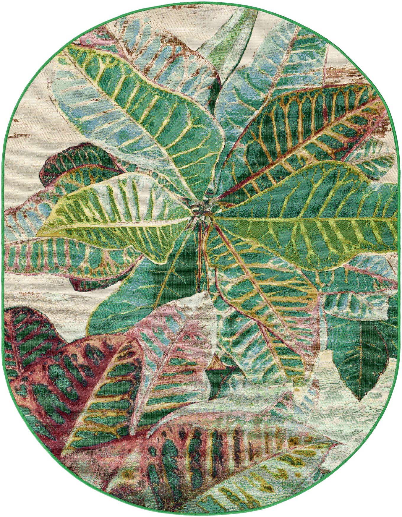 An oval, multi-colored rug featuring a vibrant, modern botanical leaf pattern in shades of green, pink, and yellow.