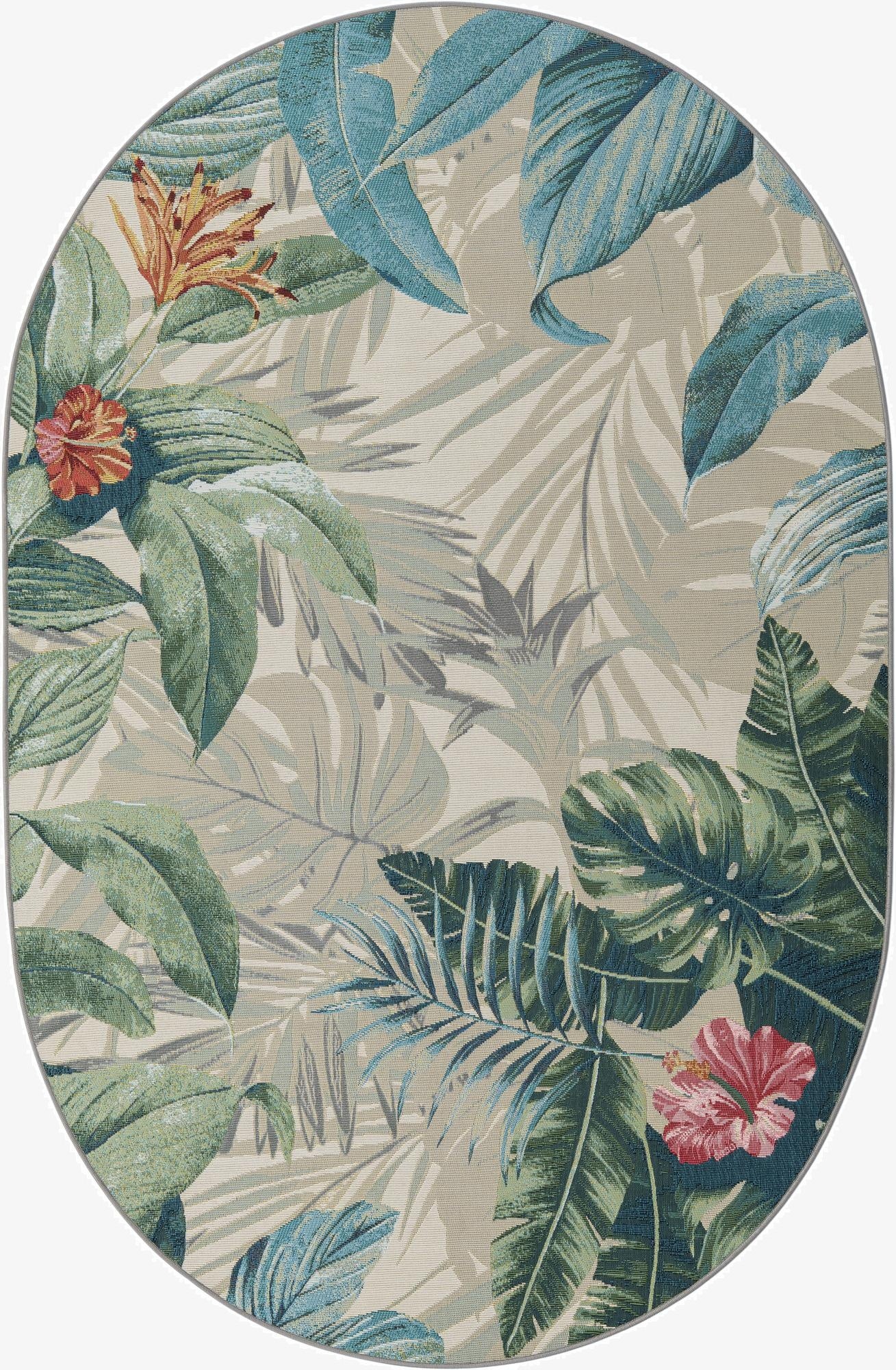  5' 3 x 8'  Washable Botanical Indoor / Outdoor Oval Rug