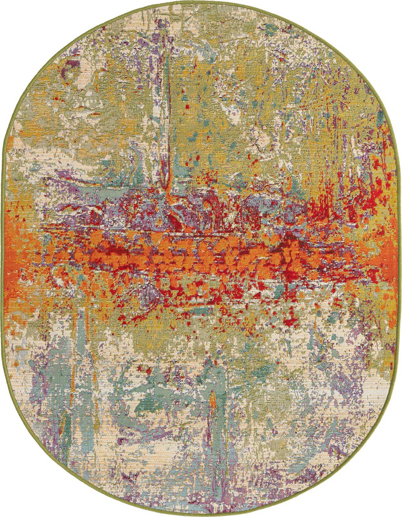 A 3' 3 x 5' 3 oval rug featuring an abstract, multi-colored pattern with dominant orange, red, green, and purple hues, suitable for a patio.