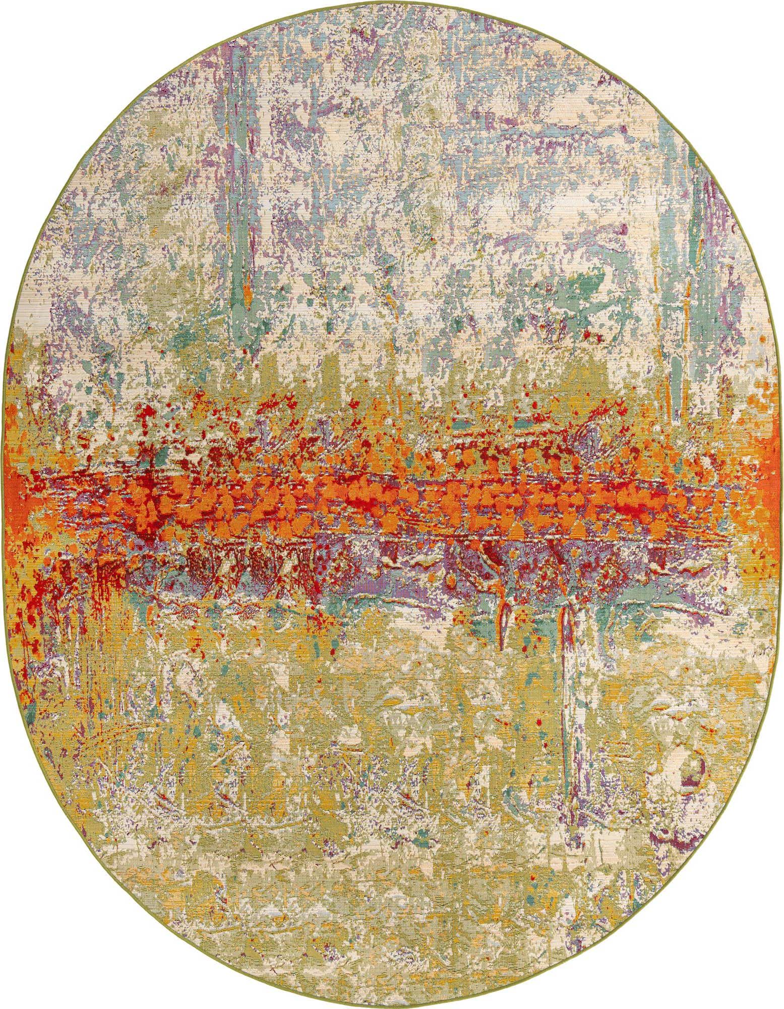 An 8' x 10' oval multi-colored abstract rug with a vibrant orange stripe across the center, surrounded by greens, blues, and purples.