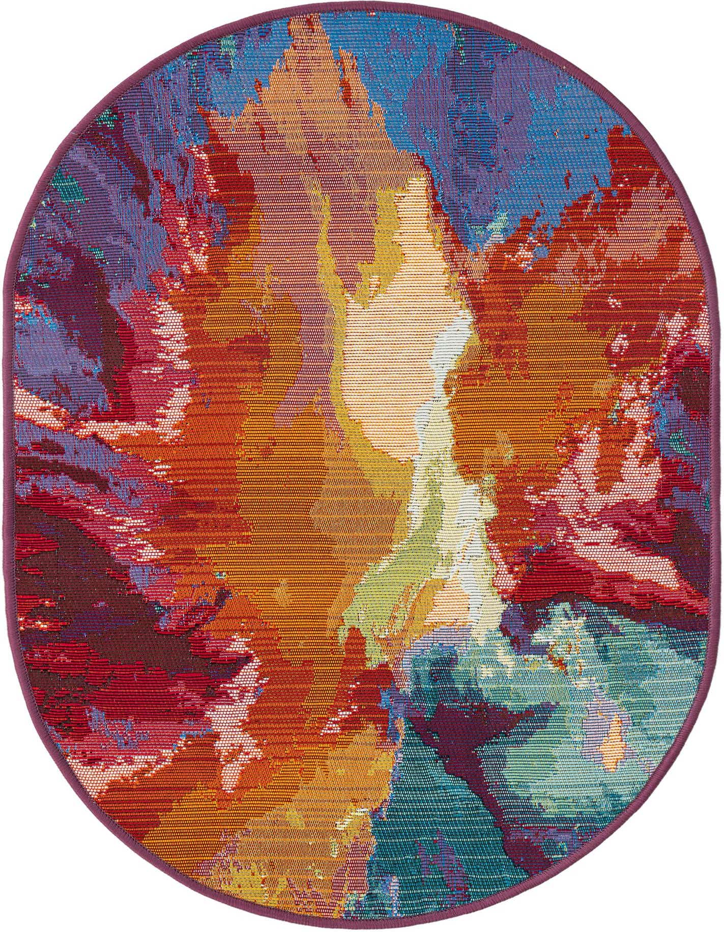 A vibrant multi-colored oval rug with an abstract, painterly design in shades of orange, red, blue, and purple, suitable for indoor or outdoor use.