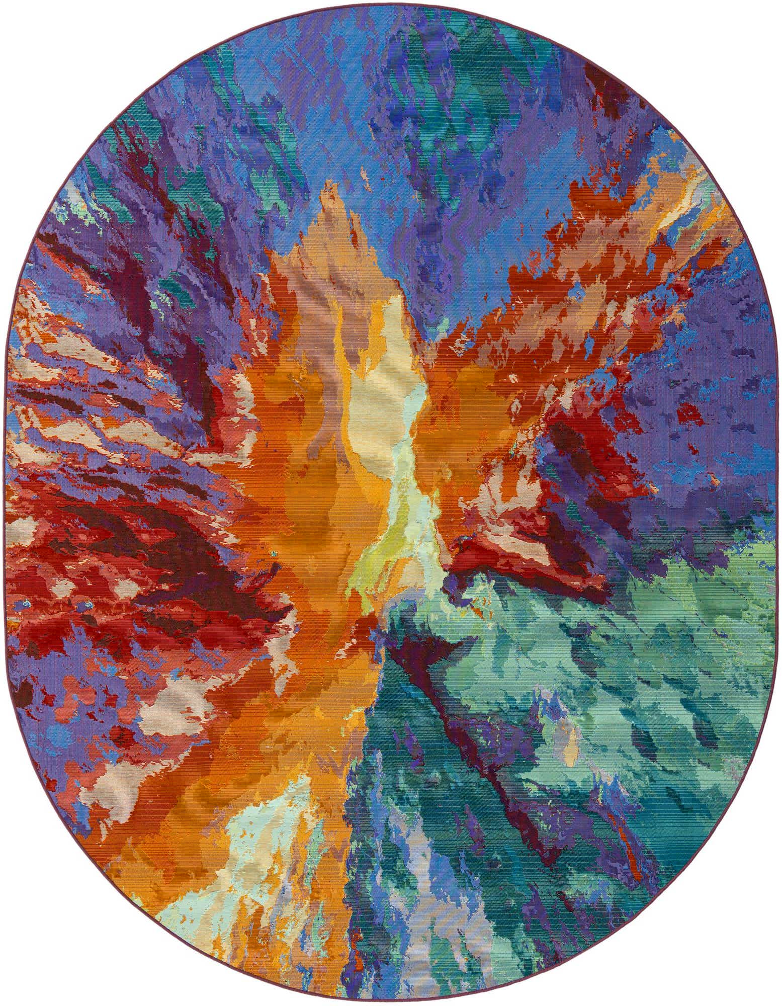 A vibrant multi-colored oval rug with an abstract, painterly design featuring blues, purples, oranges, and greens, suitable for a patio.