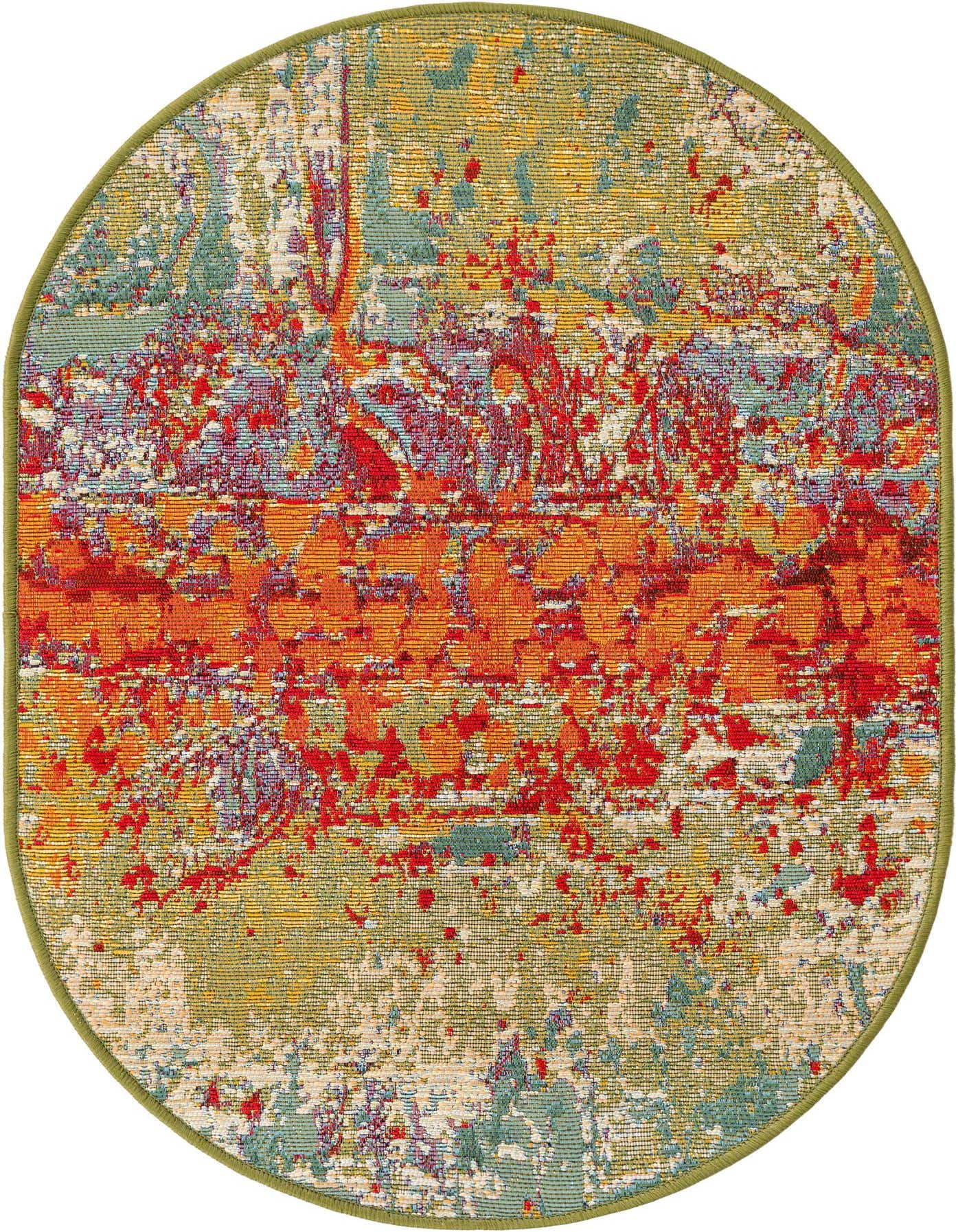 A vibrant multi-colored oval rug with an abstract, painterly design featuring reds, oranges, blues, and greens, ideal for indoor or outdoor use.