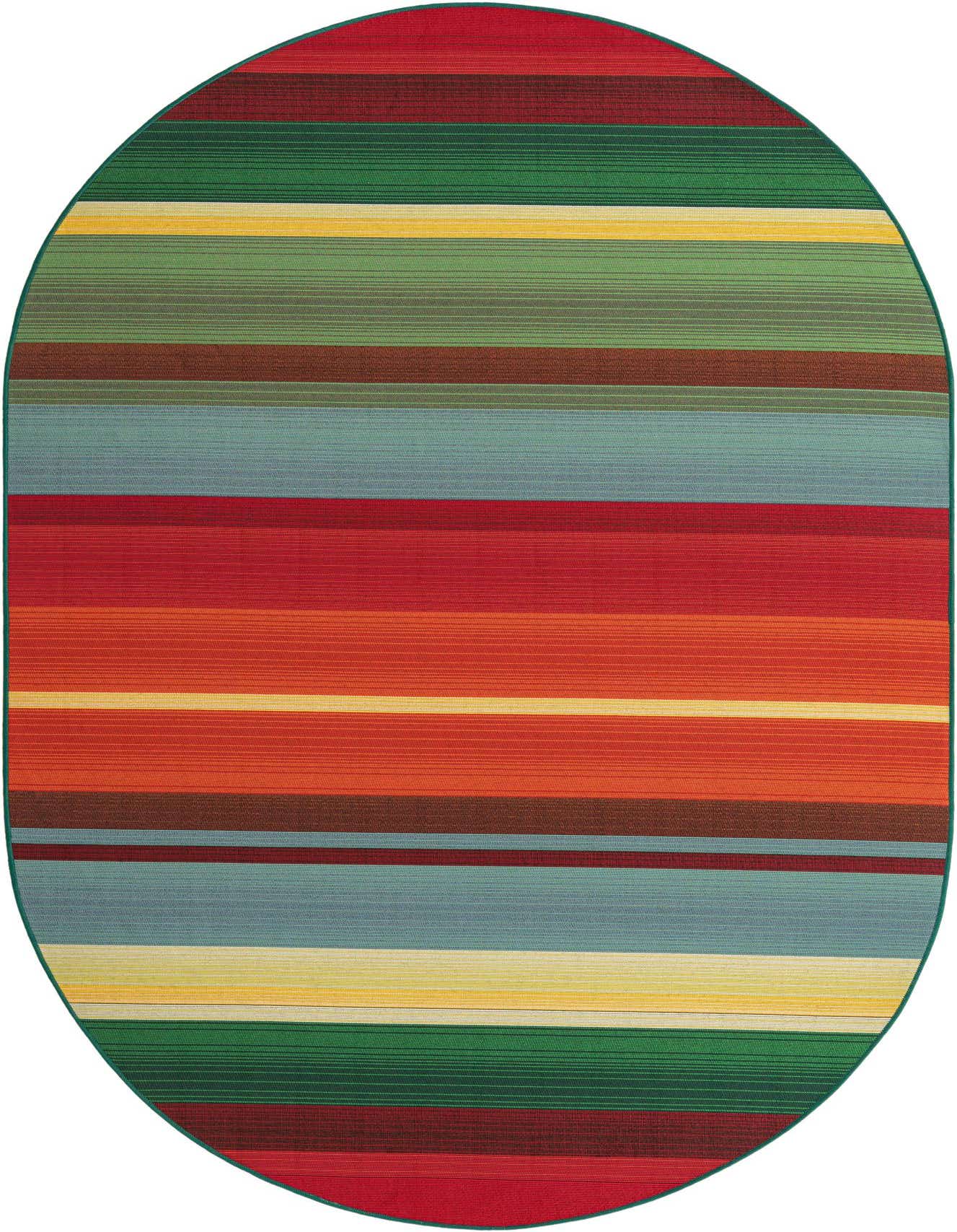 A vibrant multi-colored oval rug with horizontal stripes in red, green, blue, yellow, and orange, suitable for a patio.