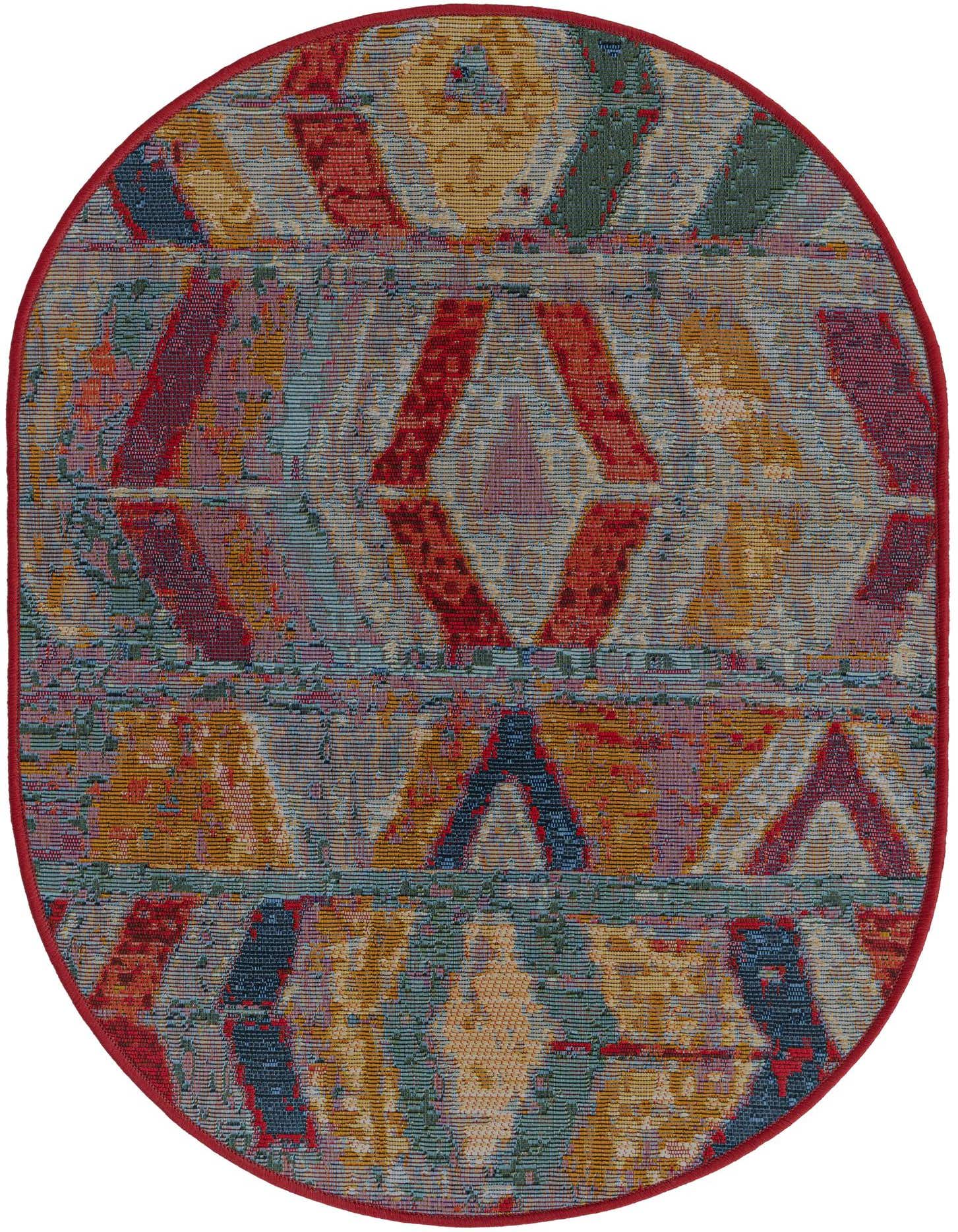A 2' 2 x 3' 0 oval multi-colored Southwestern rug with a flatweave texture and a red border, suitable for indoor or outdoor use.