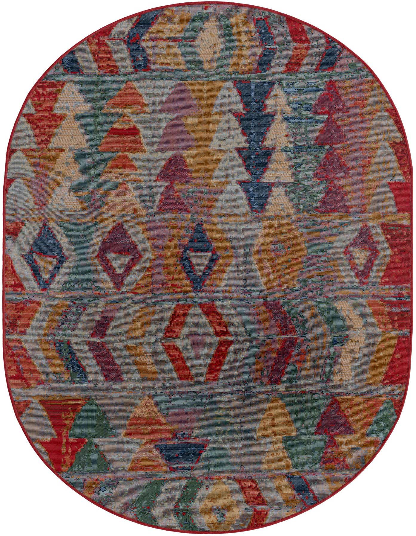 A 4'x6' oval multi-colored Southwestern rug with geometric patterns in blue, red, orange, and green, featuring a flatweave texture.