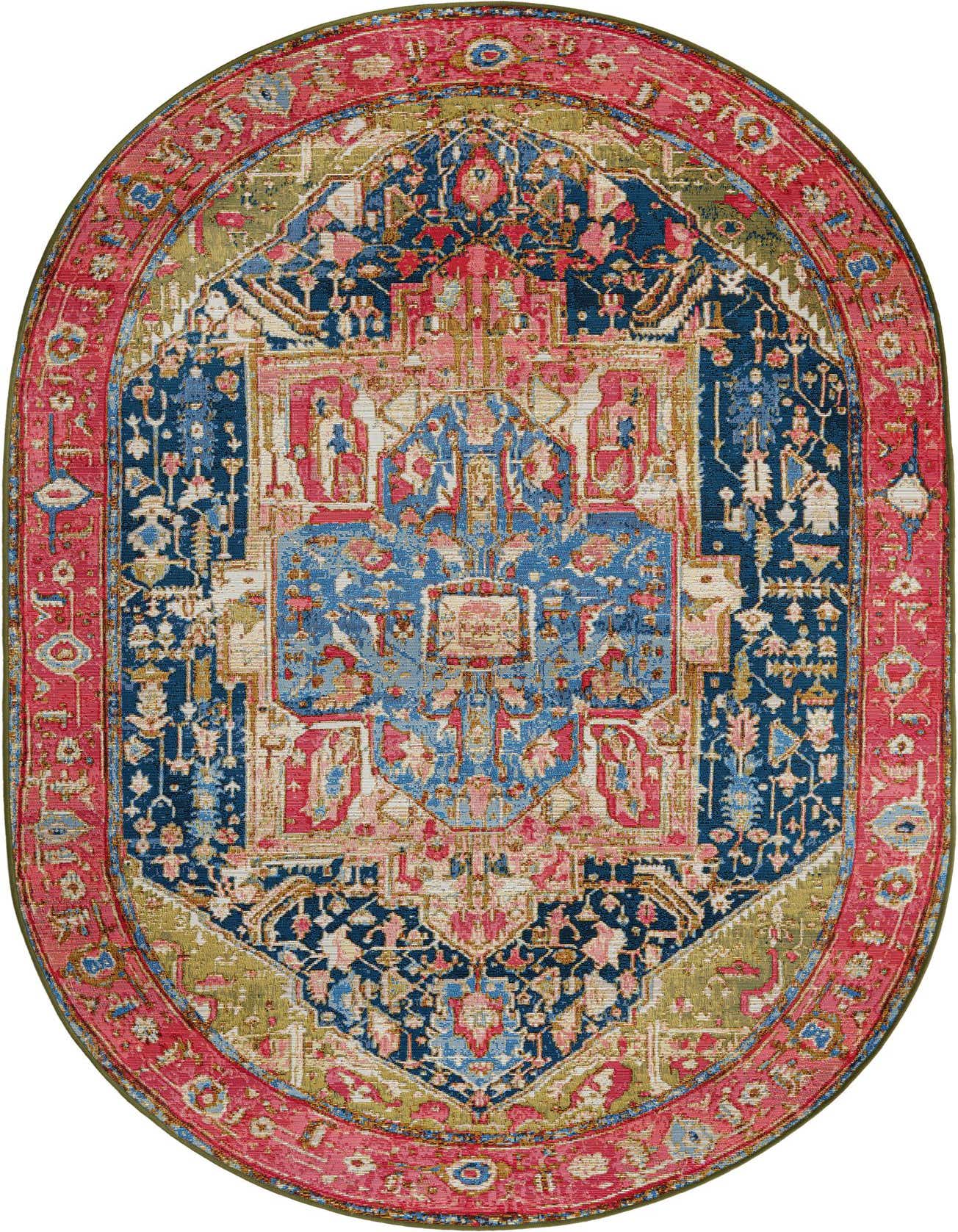 A vibrant 5'3" x 8'0" oval multi-colored rug featuring a traditional Oriental medallion pattern in shades of blue, pink, and green, suitable for a patio.