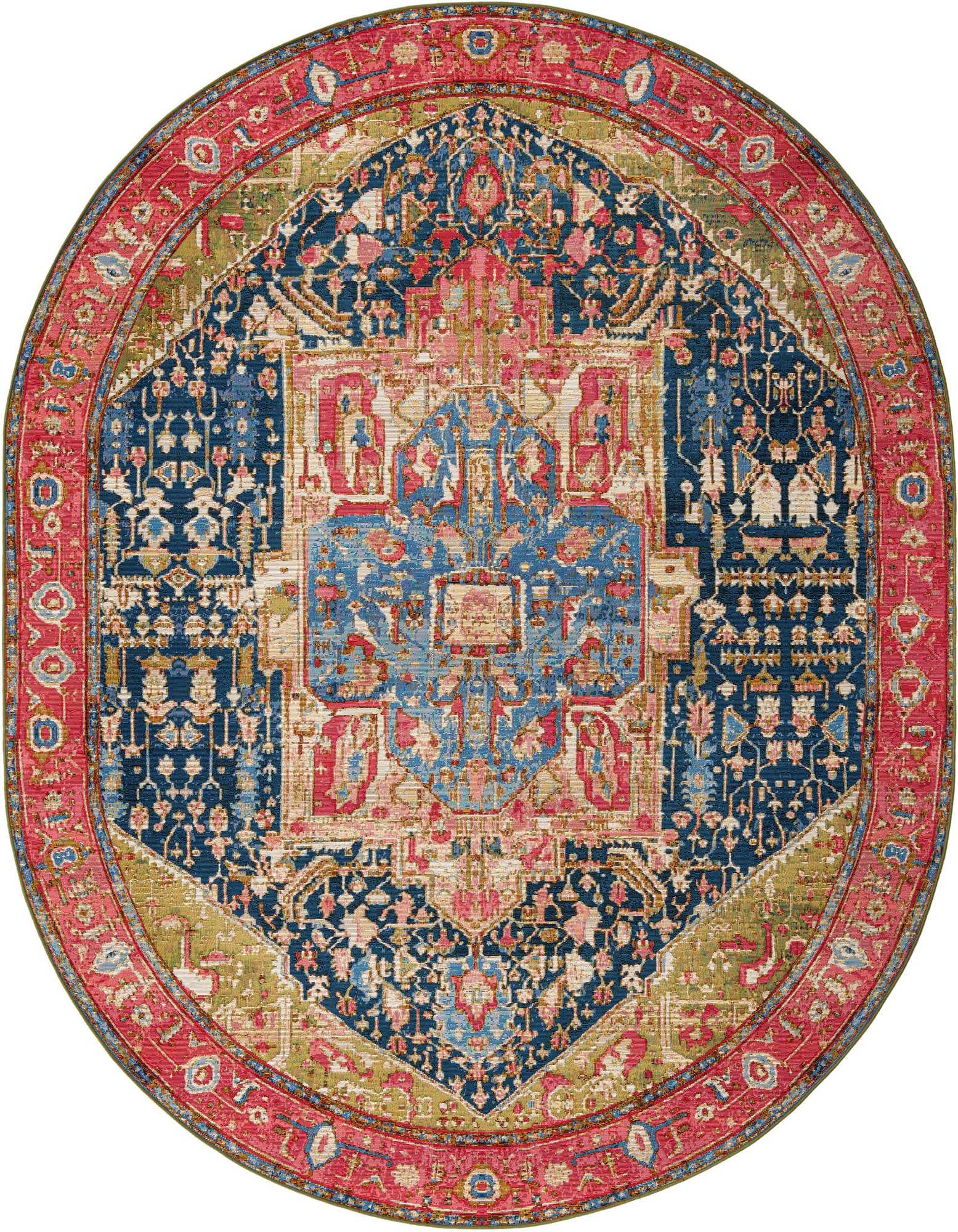 A multi-colored oval rug featuring an intricate Oriental medallion pattern in shades of blue, red, pink, and green.