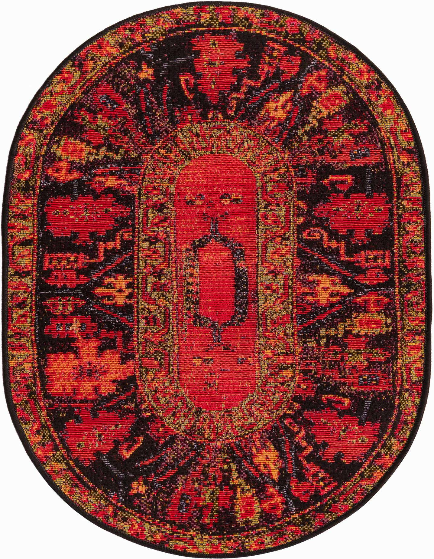 A 2' 2 x 3' 0 oval rug with a multi-colored Oriental and tribal pattern featuring a central medallion in shades of red, black, and orange.