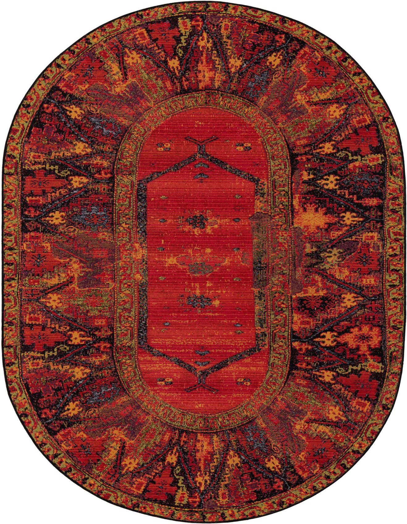 A vibrant 5' 3 x 8' 0 oval multi-colored rug with an Oriental and tribal pattern, featuring a central medallion and intricate borders, suitable for indoor/outdoor use.