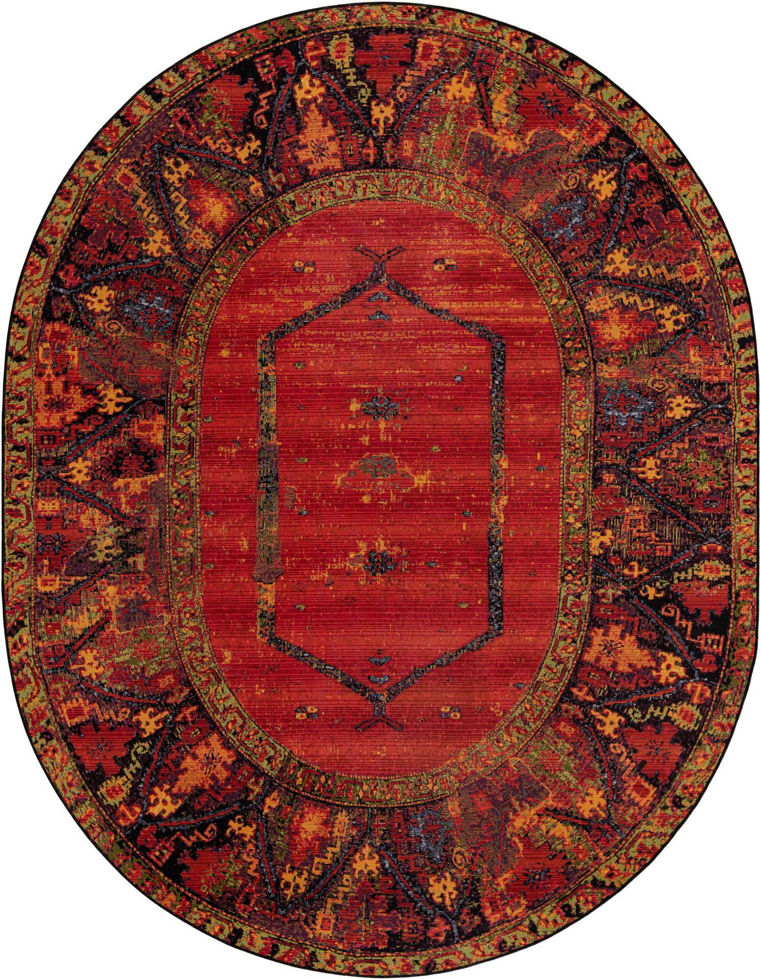 A vibrant 7' 10 x 10' 0 oval multi-colored Southwestern rug featuring a distressed medallion pattern, ideal for a patio.