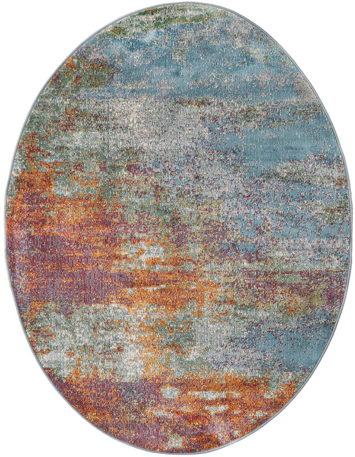 A 3' 3 x 5' 3 oval rug featuring a modern abstract pattern with vibrant multi-colored hues of blue, orange, red, and green.