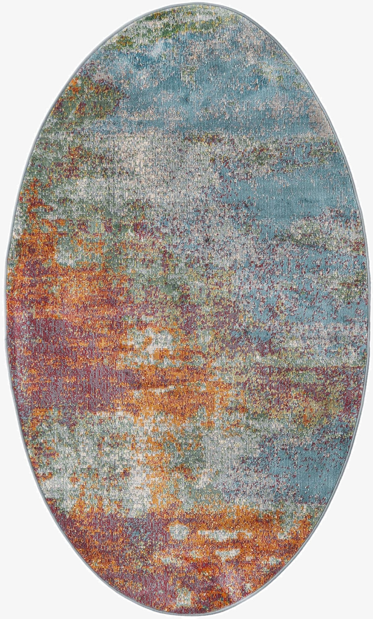 A 3' 3 x 5' 3 oval rug featuring a modern abstract pattern with vibrant multi-colored hues of blue, orange, red, and green.
